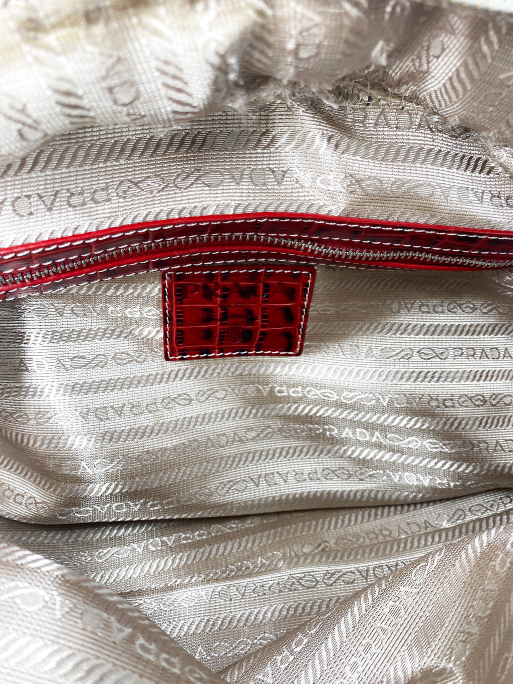 Prada Beige Canapa Logo Canvas Shoulder Bag Red
