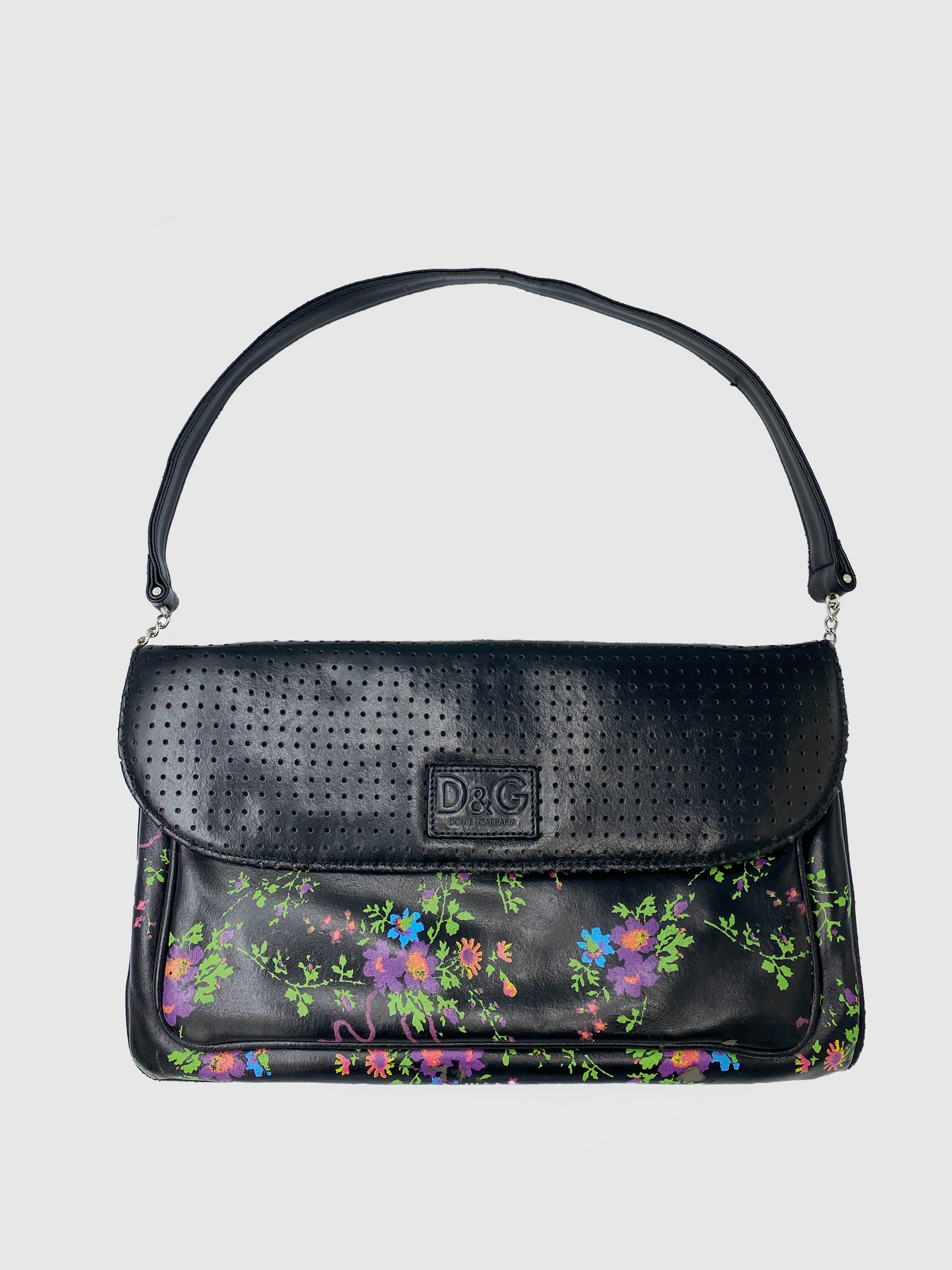 D&G Black with Flower Print Leather Shoulder Bag