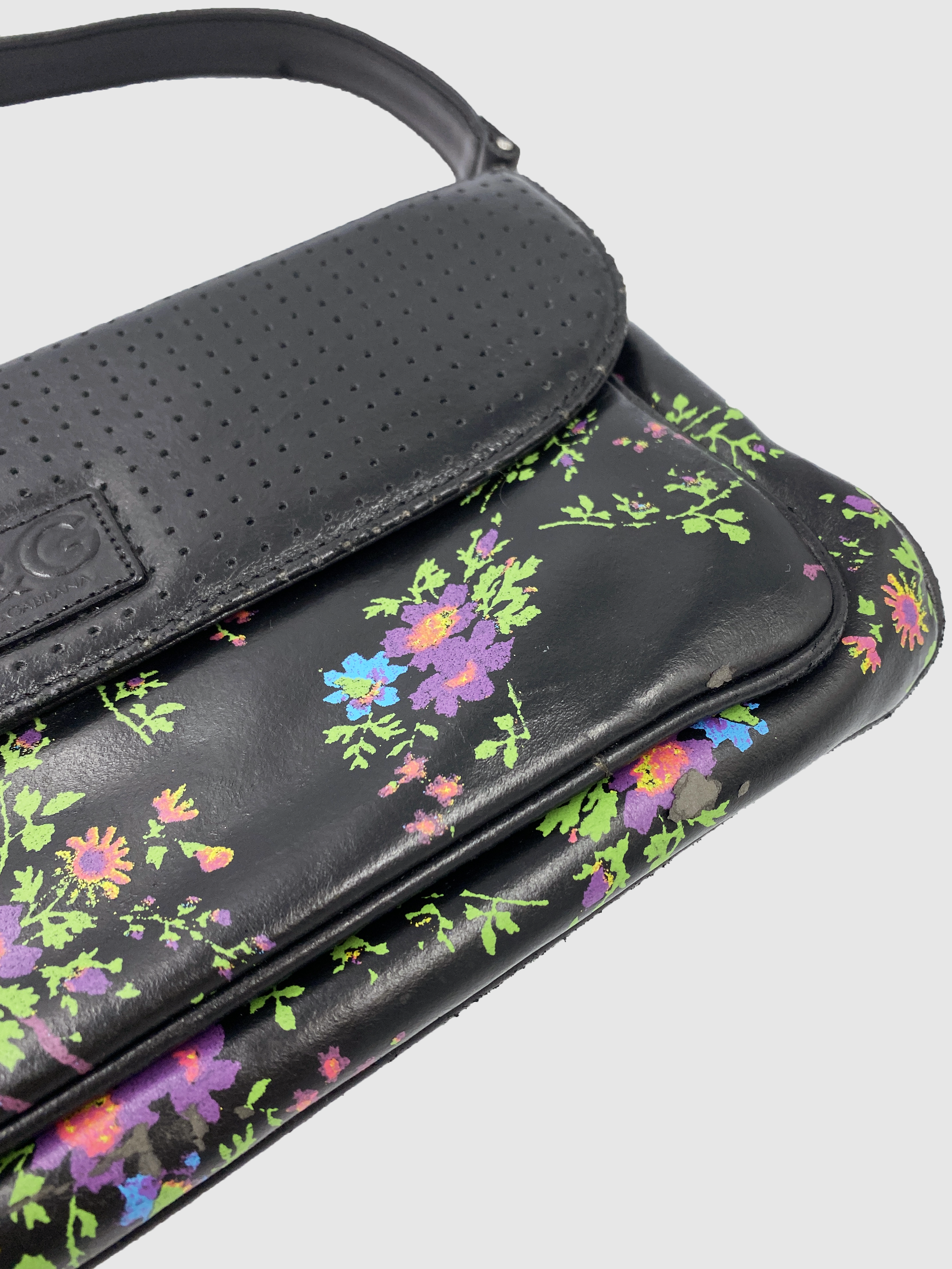 D&G Black with Flower Print Leather Shoulder Bag