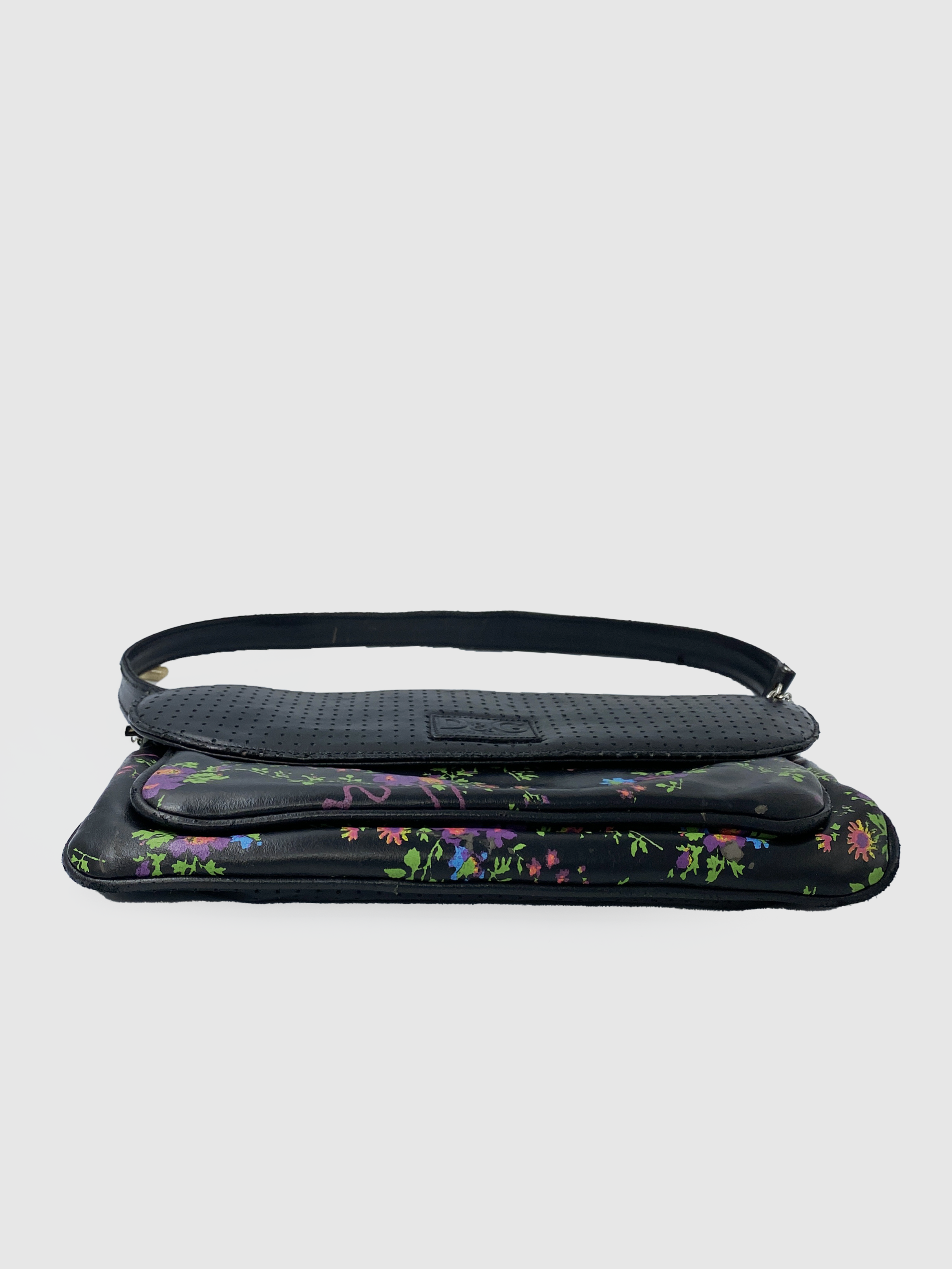 D&G Black with Flower Print Leather Shoulder Bag