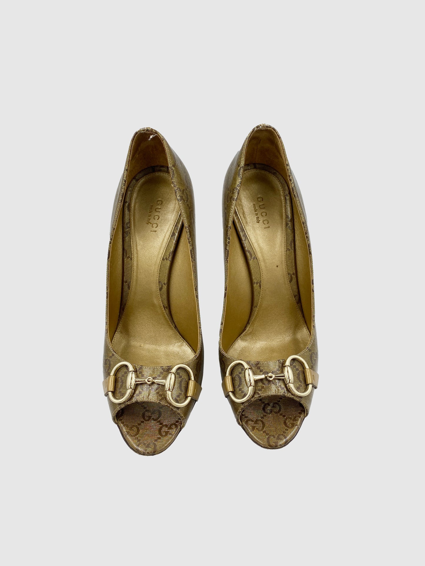 Gucci Gold Monogram Peep Toe Heels - Size 9