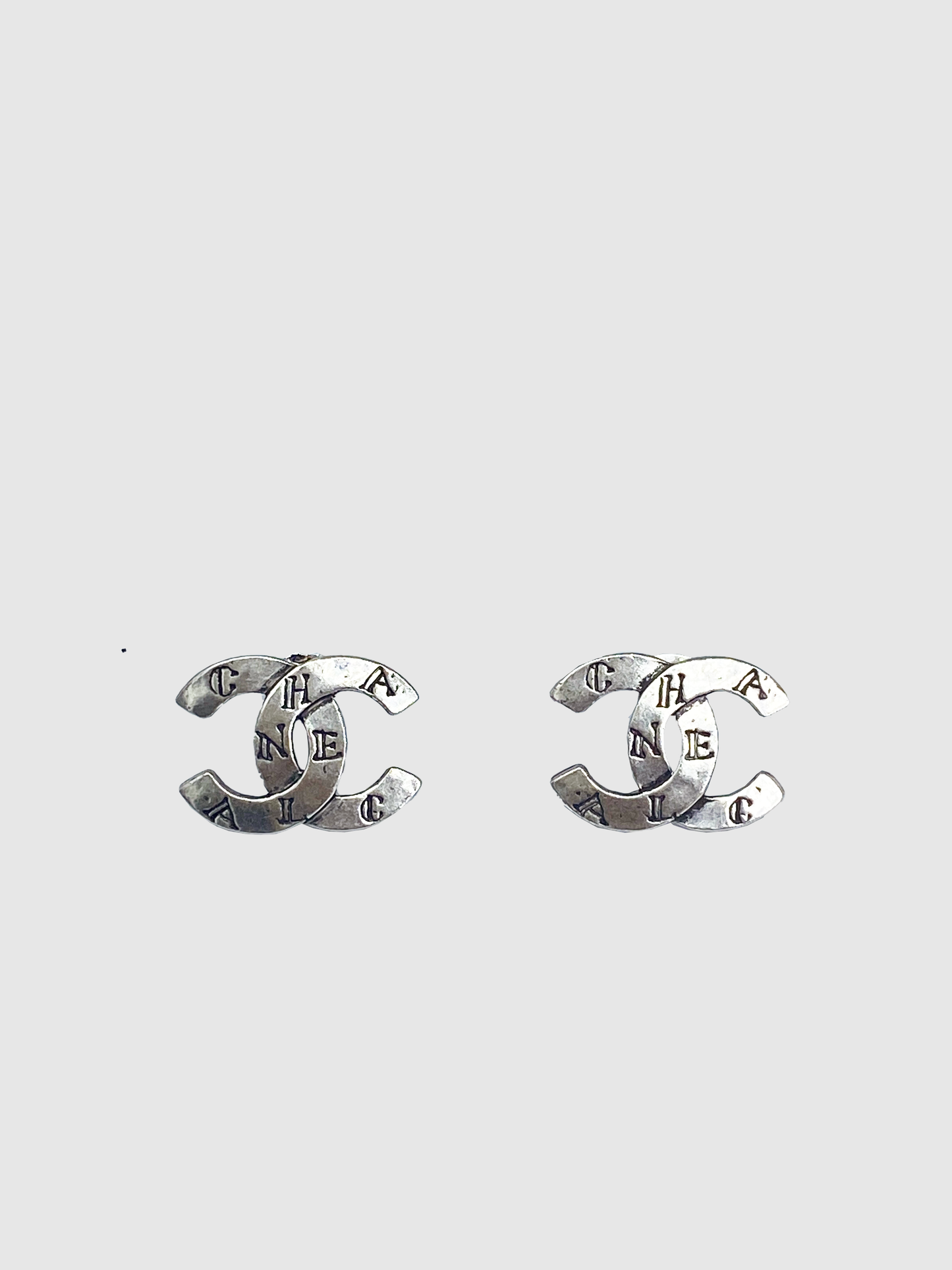 Chanel Silver-Tone Interlocking Logo with Letter Earring & Brooch Set