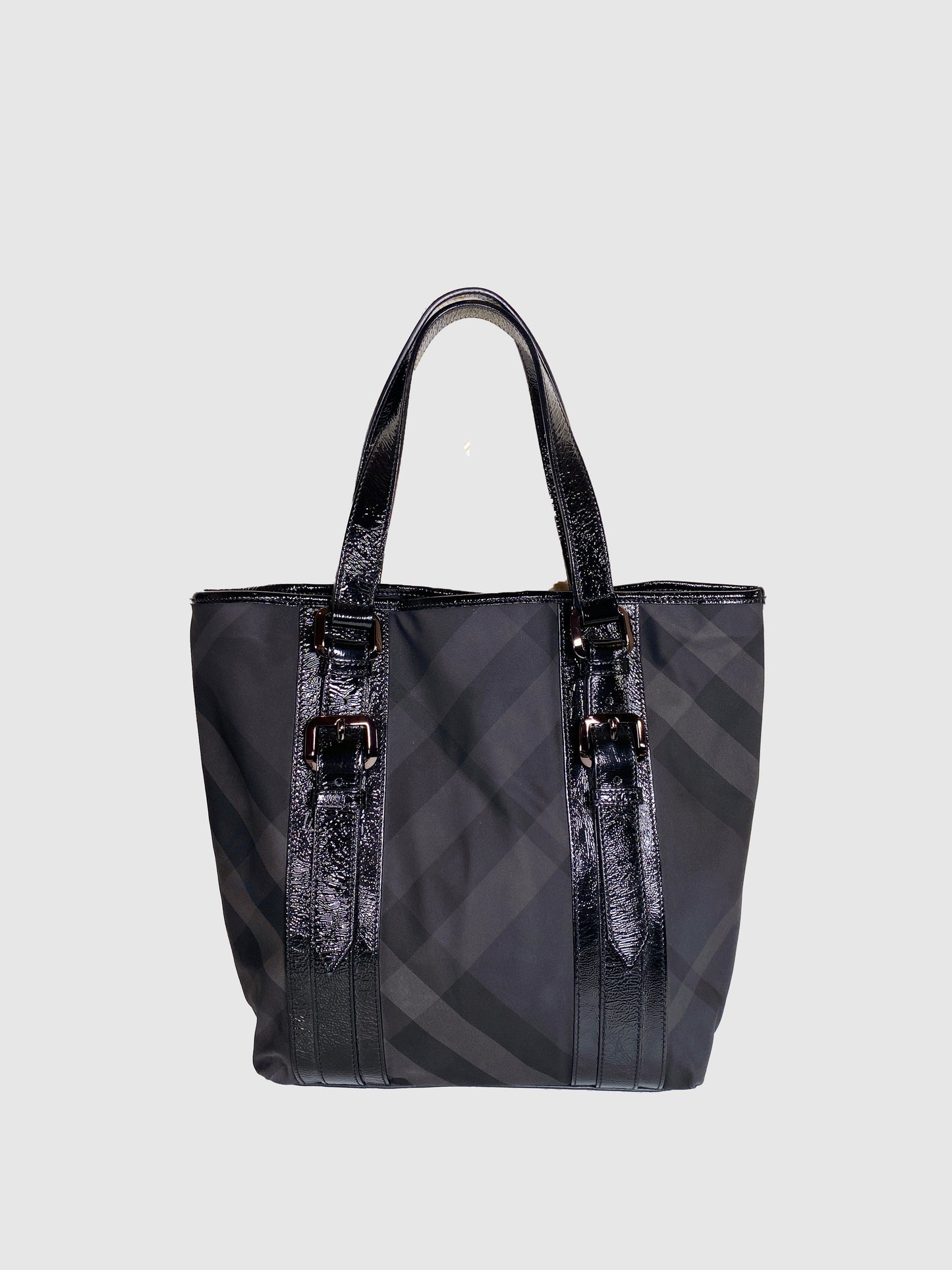 Burberry Black Beat Check Nylon And Patent Leather Lowry Tote