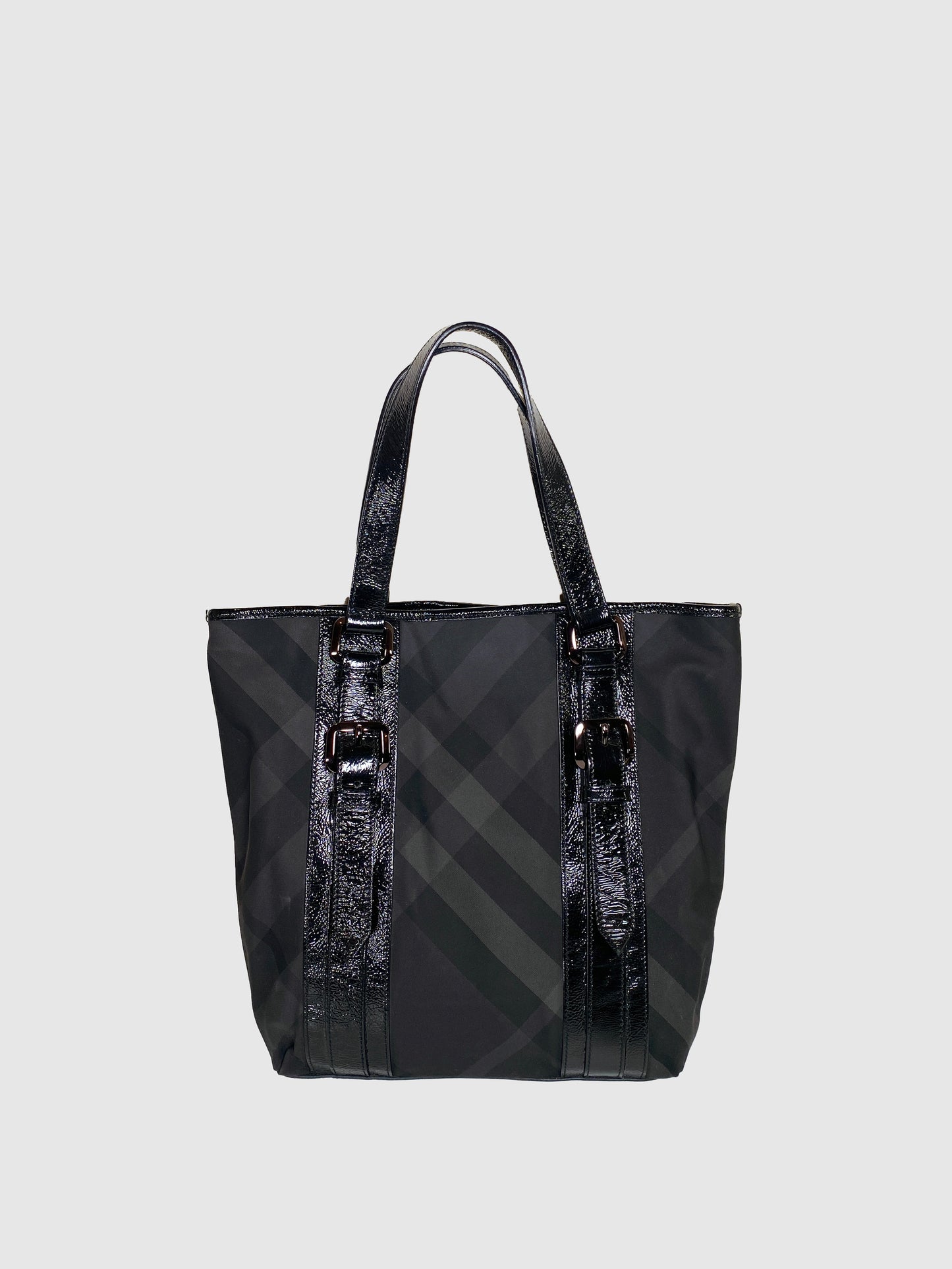 Burberry Black Beat Check Nylon And Patent Leather Lowry Tote