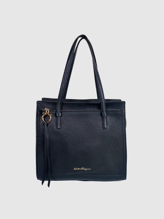 Salvatore Ferragamo Black Pebbled Leather Double Handle Bag