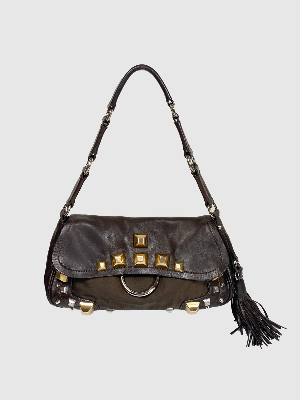 Prada Khaki Nylon w/ Calf Borchie Shoulder Bag