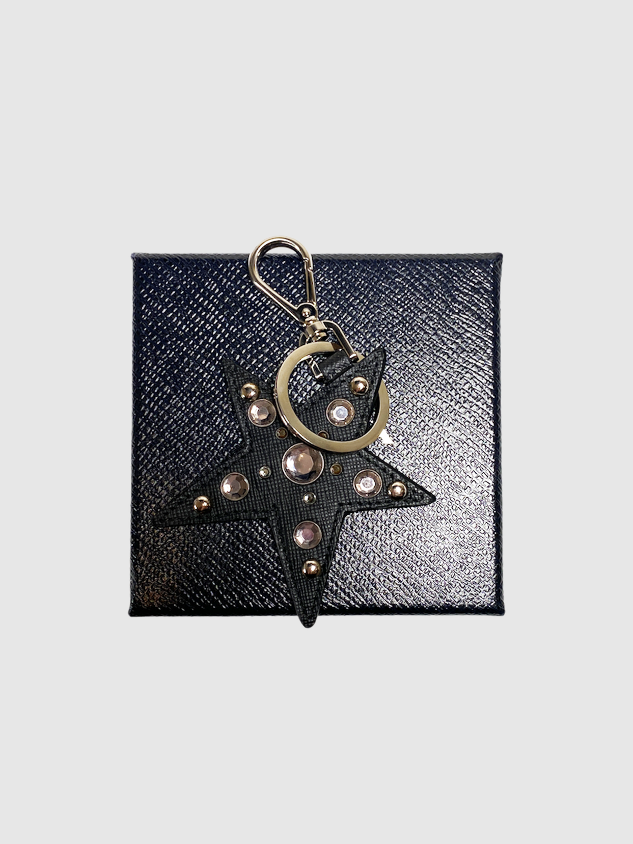 Prada Black Leather Star Studded Keychain