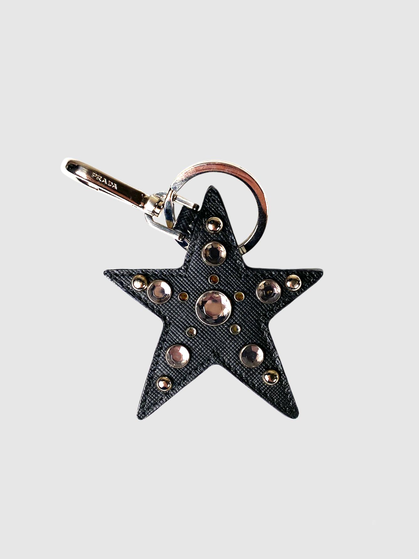Prada Black Leather Star Studded Keychain