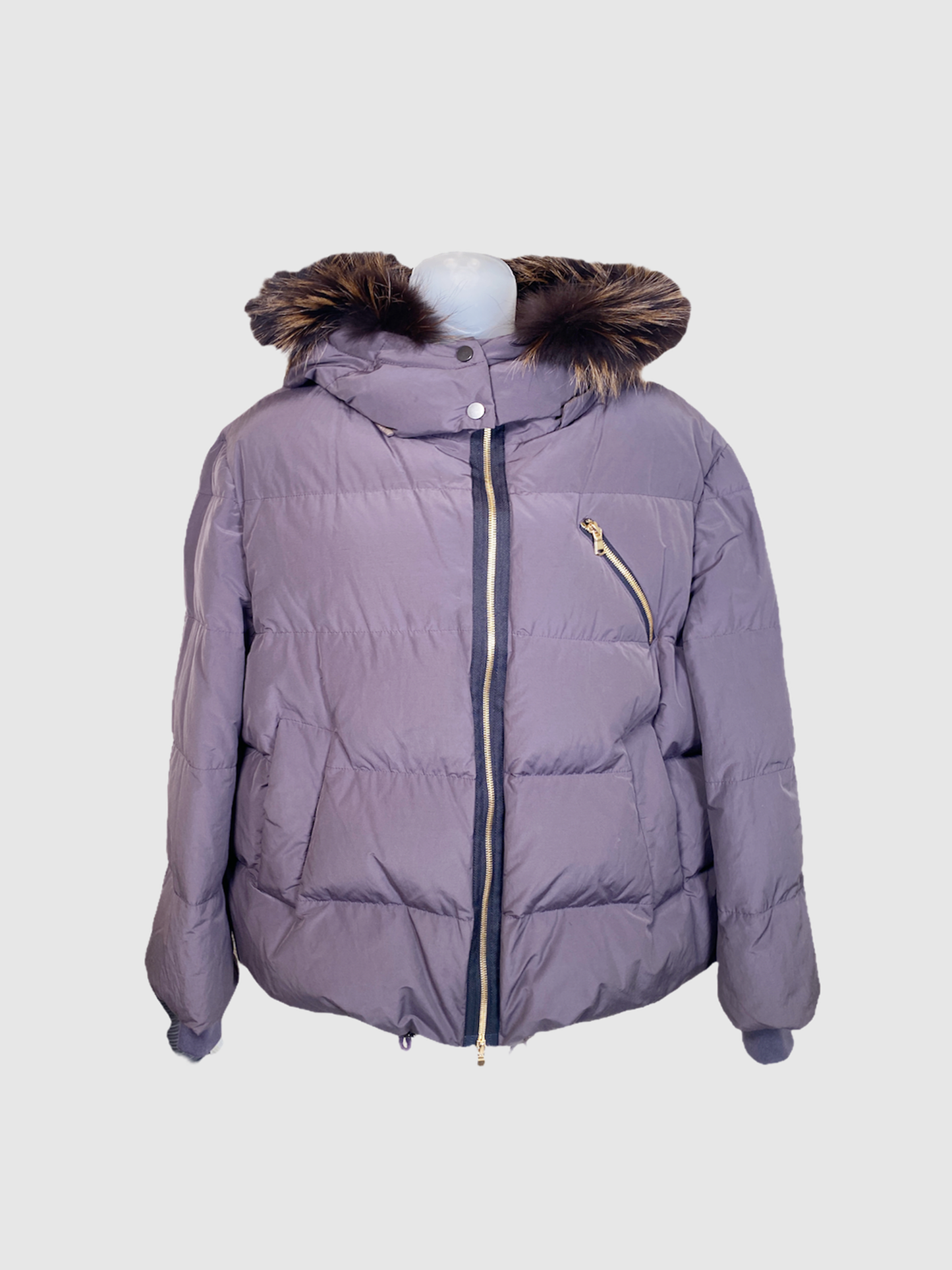 Brunello Cucinelli Purple Fur Trim Hooded Puffer Jacket - Size 42