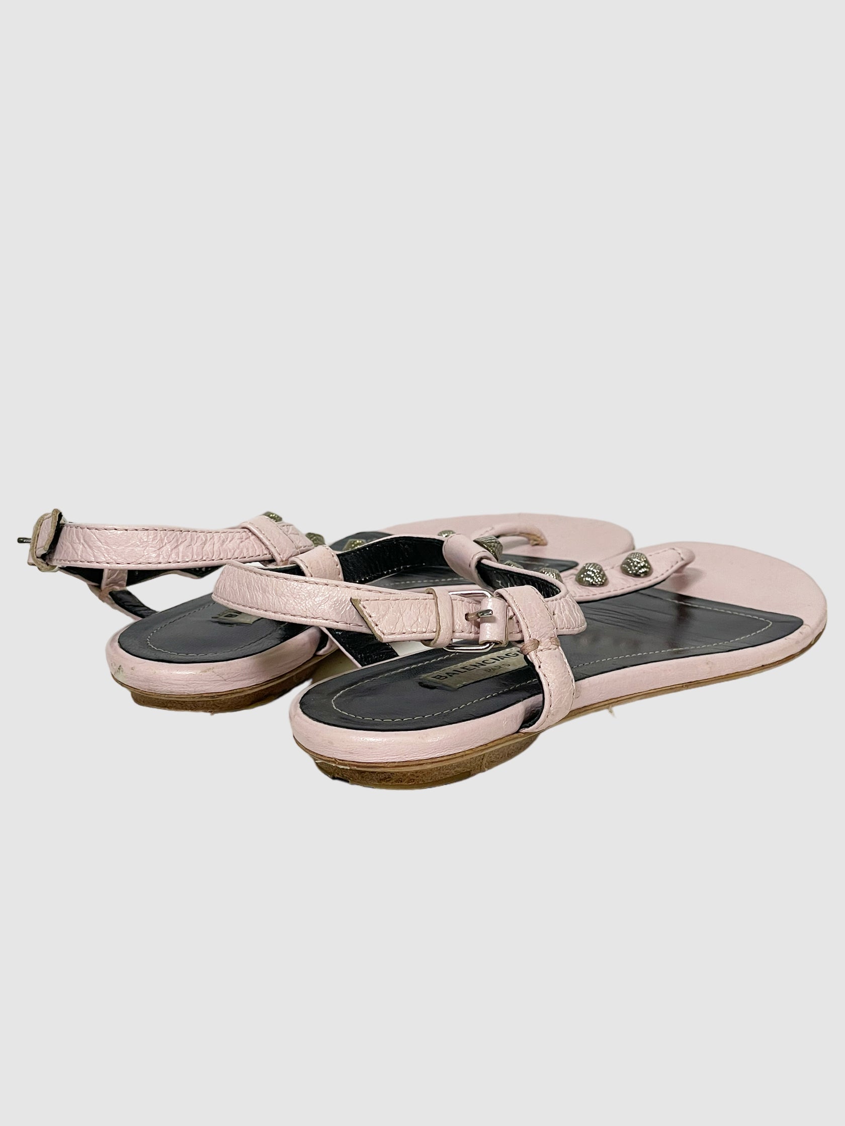 Balenciaga Leather Studded Accents T-Strap Sandals - Size 36