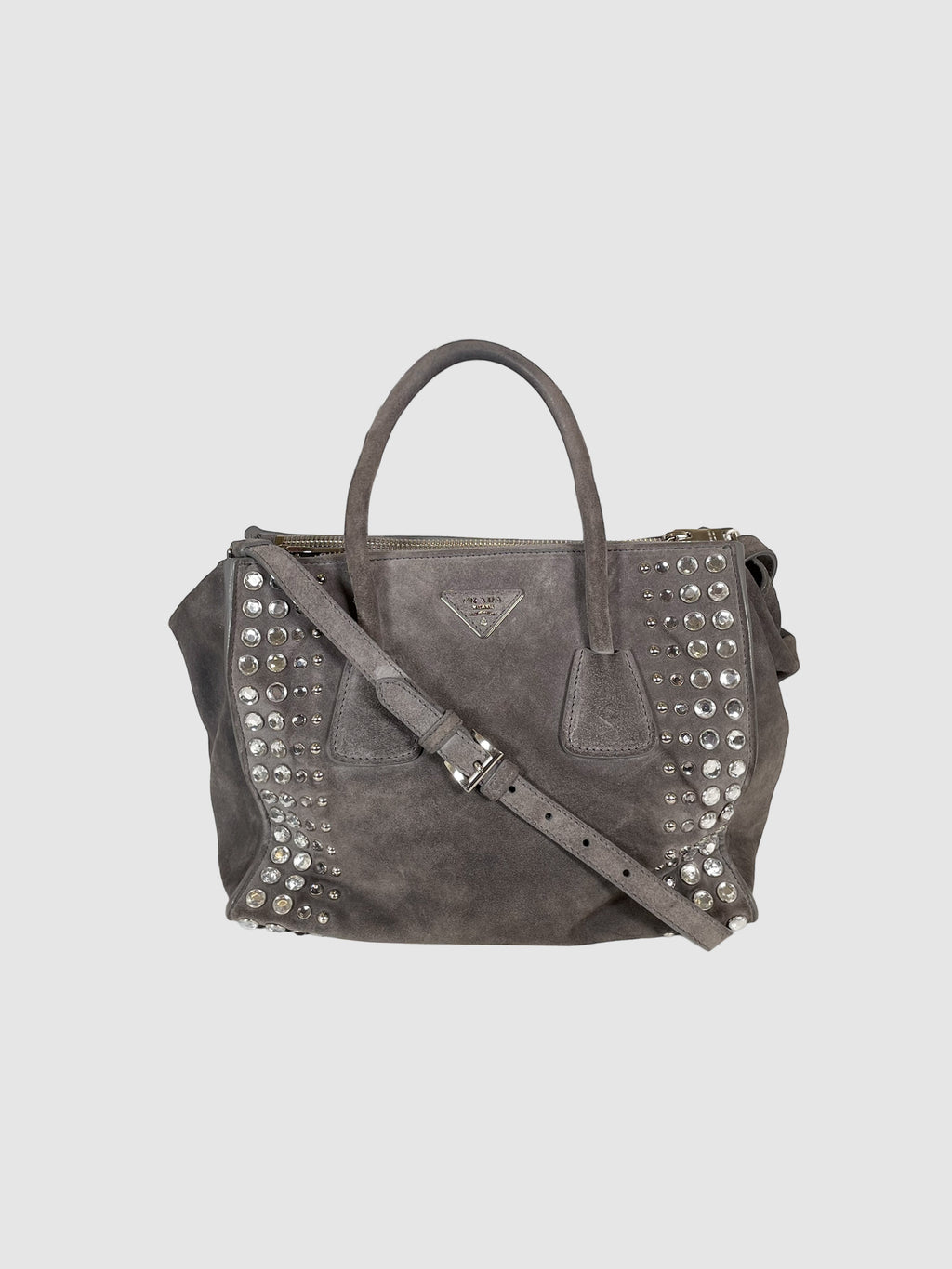 Prada Scamosciato Suede Studded Crystal Twin Pocket Tote Marmo