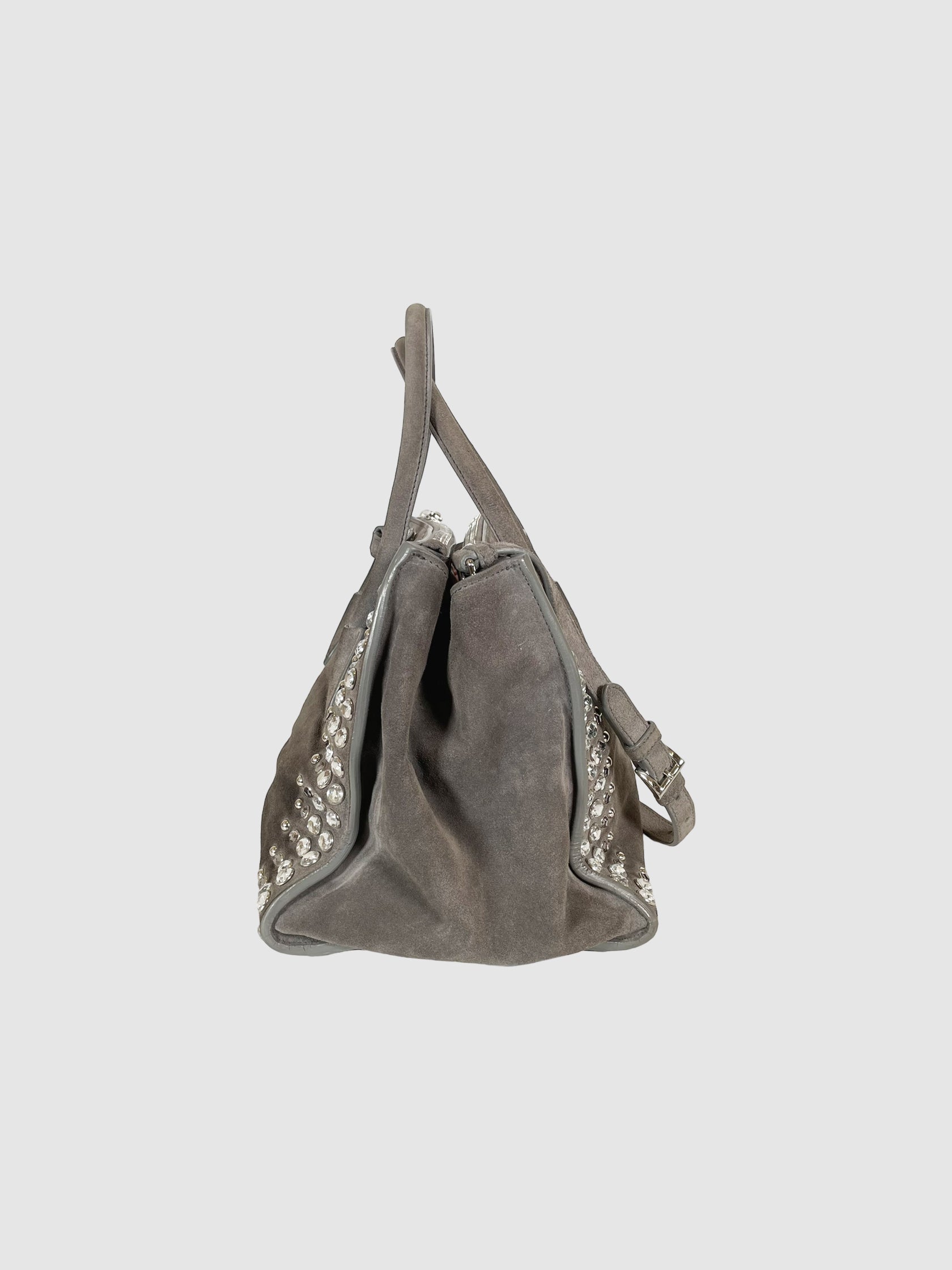 Prada Scamosciato Suede Studded Crystal Twin Pocket Tote Marmo