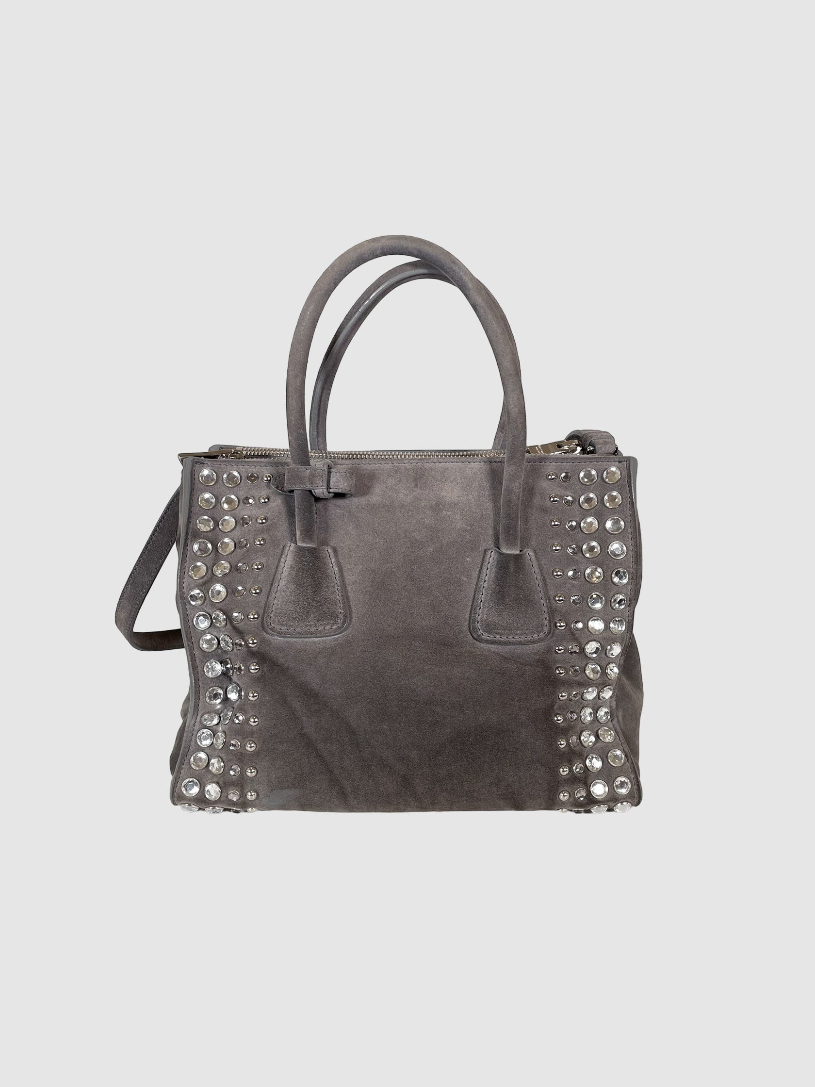 Prada Scamosciato Suede Studded Crystal Twin Pocket Tote Marmo