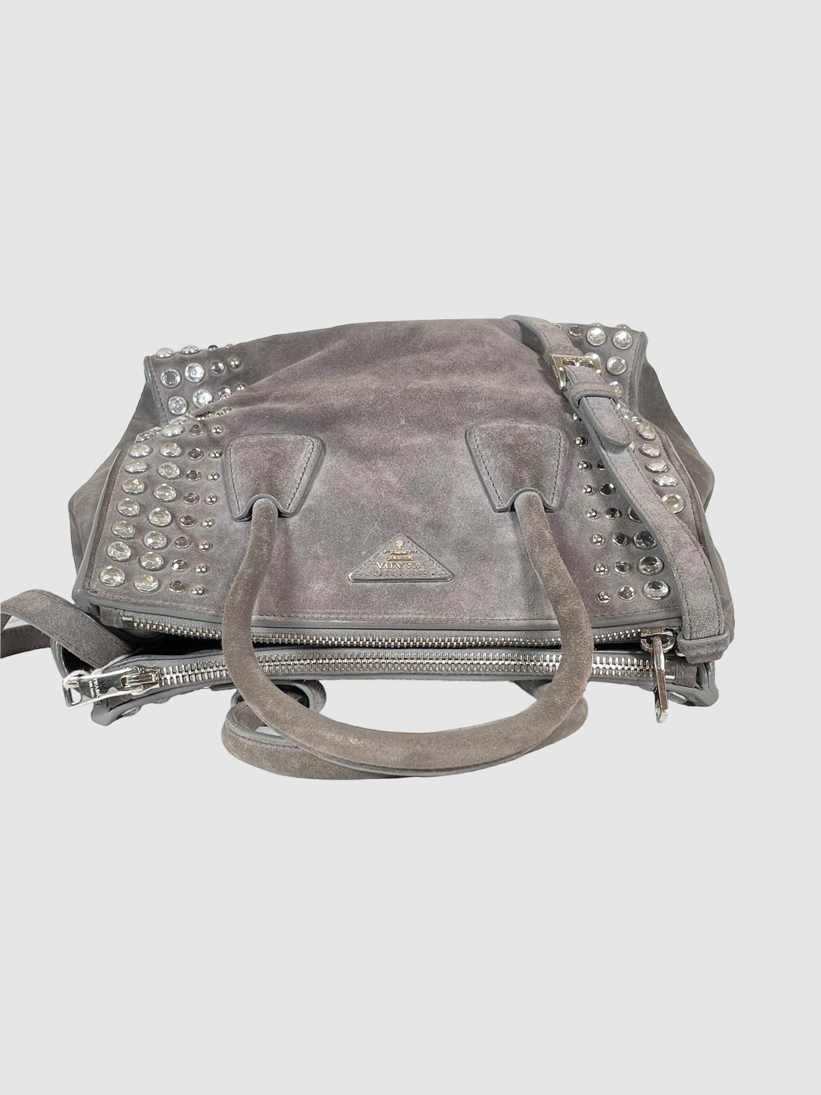 Prada Scamosciato Suede Studded Crystal Twin Pocket Tote Marmo