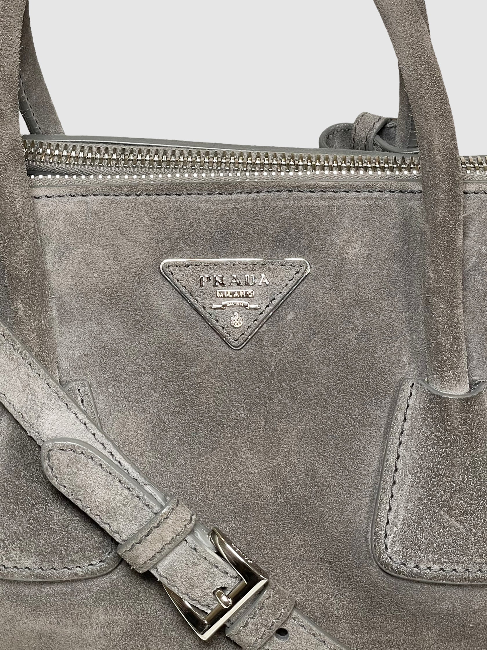 Prada Scamosciato Suede Studded Crystal Twin Pocket Tote Marmo