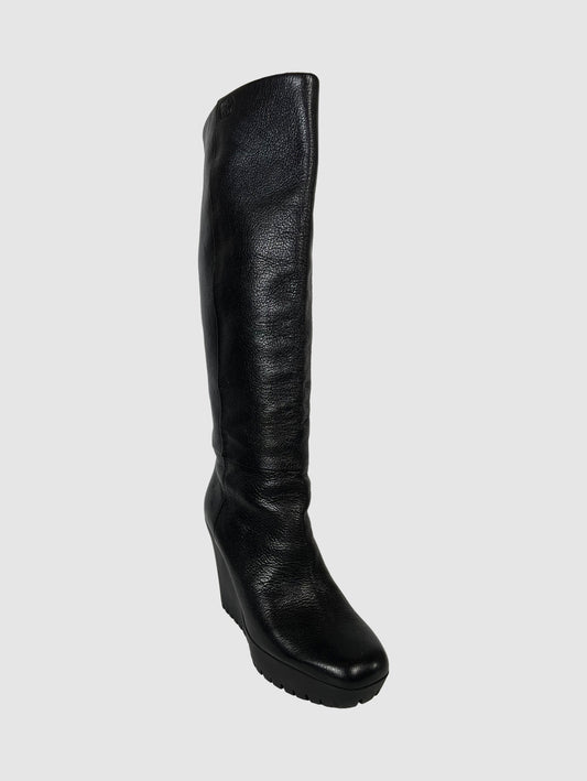 Leather Knee-High Wedge Boots - Size 39.5