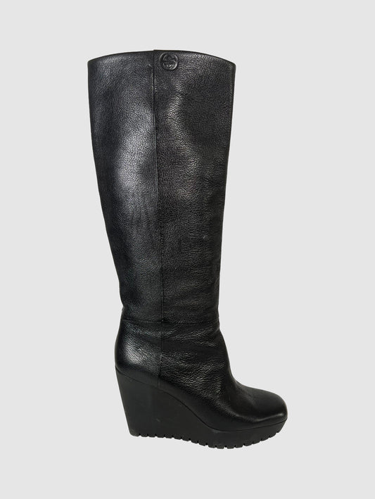 Leather Knee-High Wedge Boots - Size 39.5