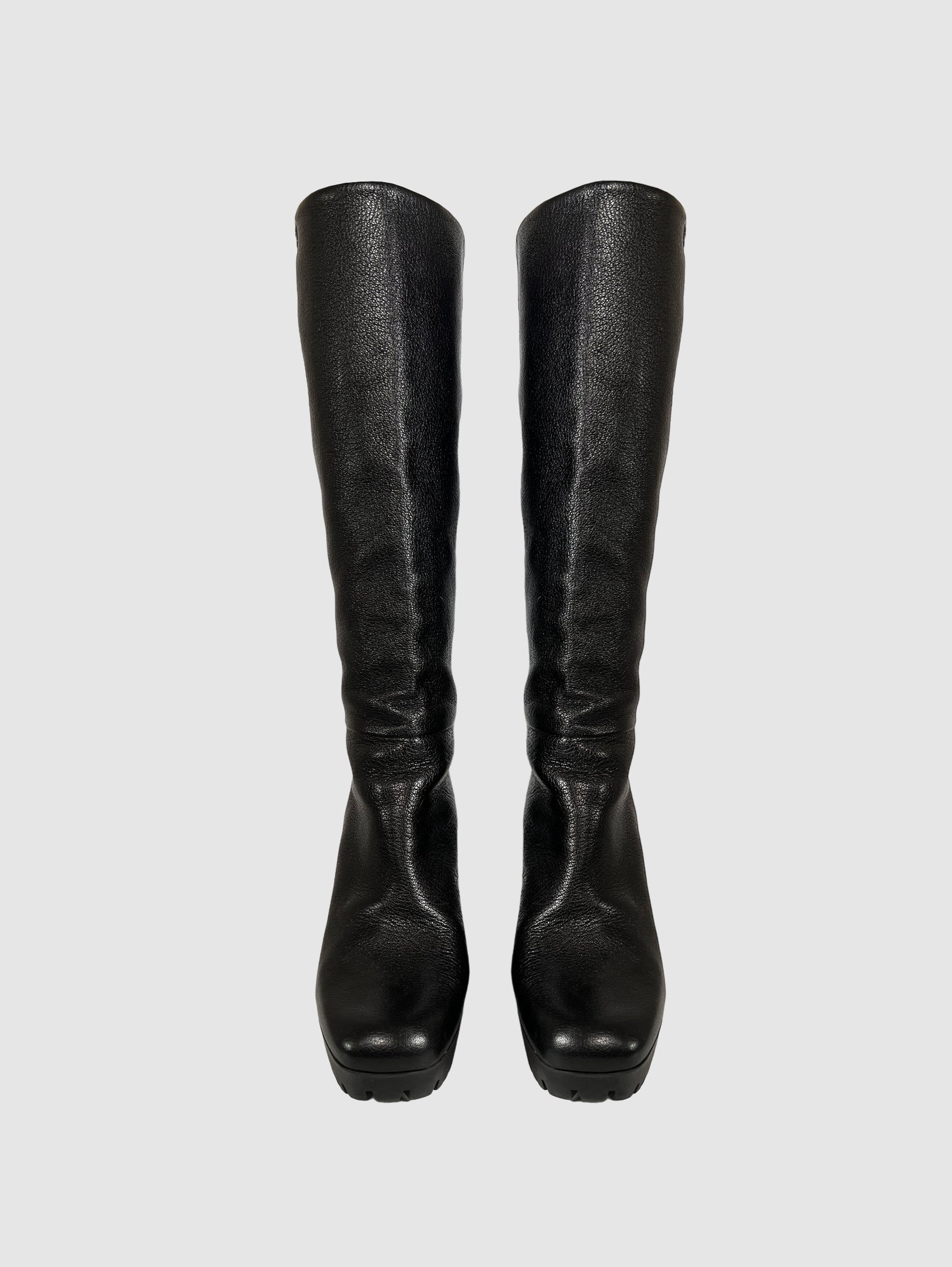 Leather Knee-High Wedge Boots - Size 39.5