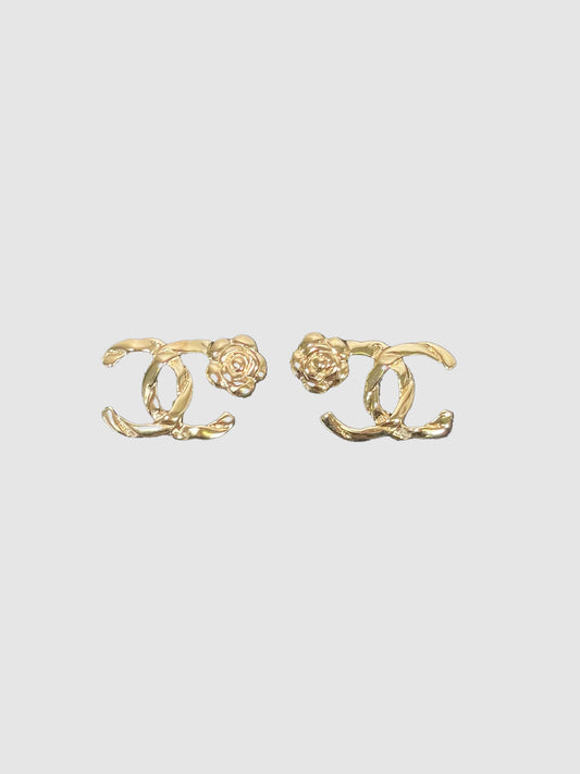 Chanel Camellia Gold CC Logo Stud Earrings