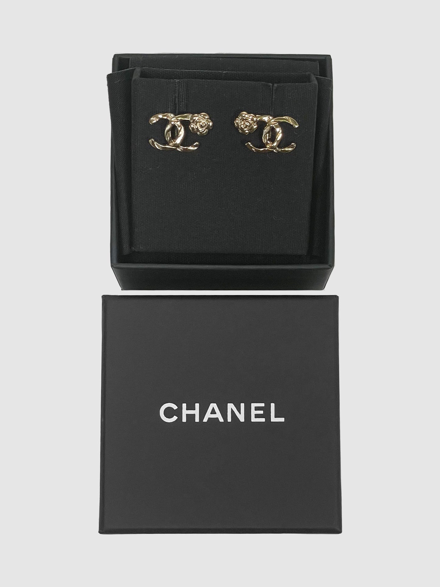 Chanel Camellia Gold CC Logo Stud Earrings