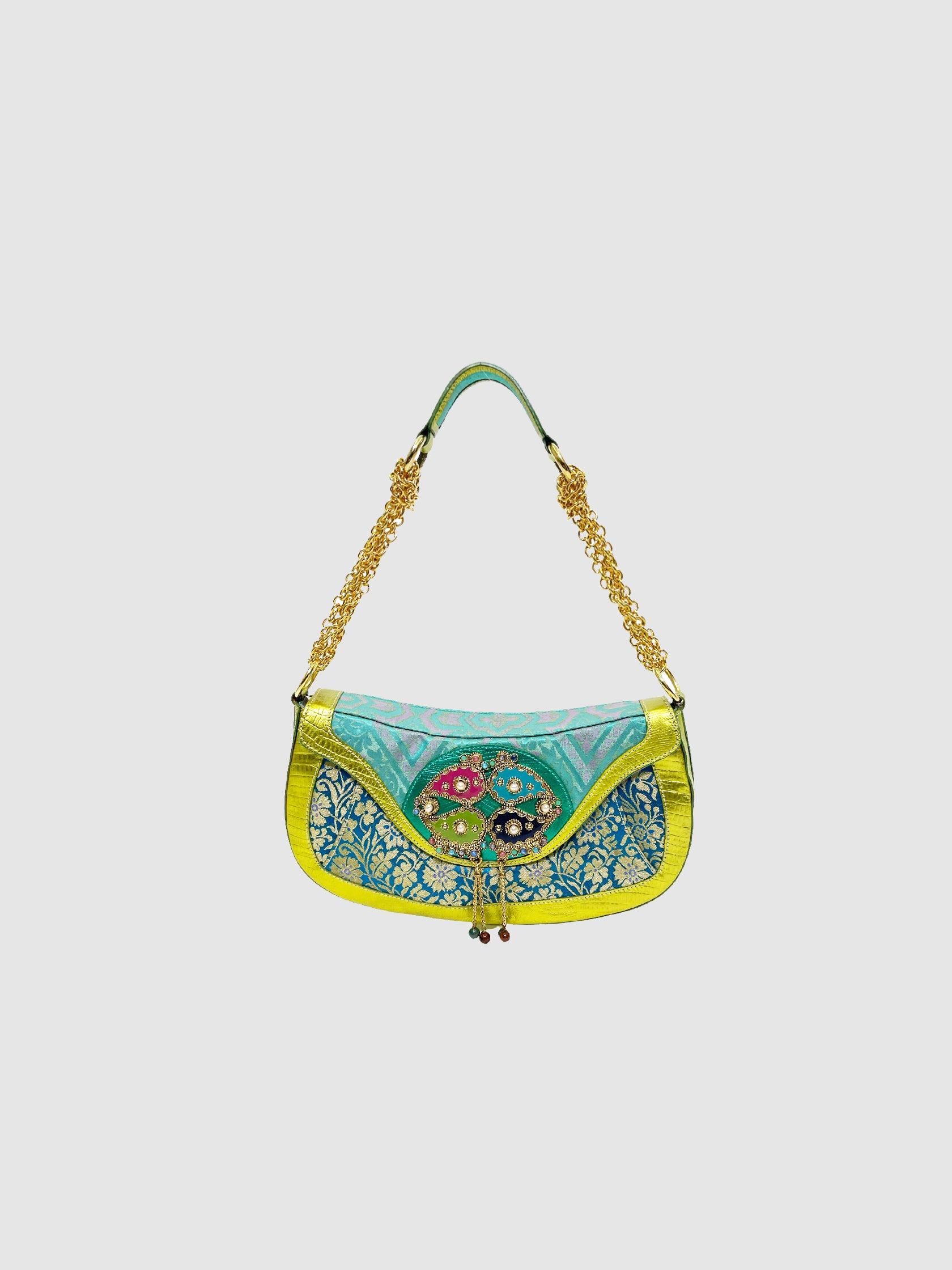 etro green metallic leather floral shoulder bag 