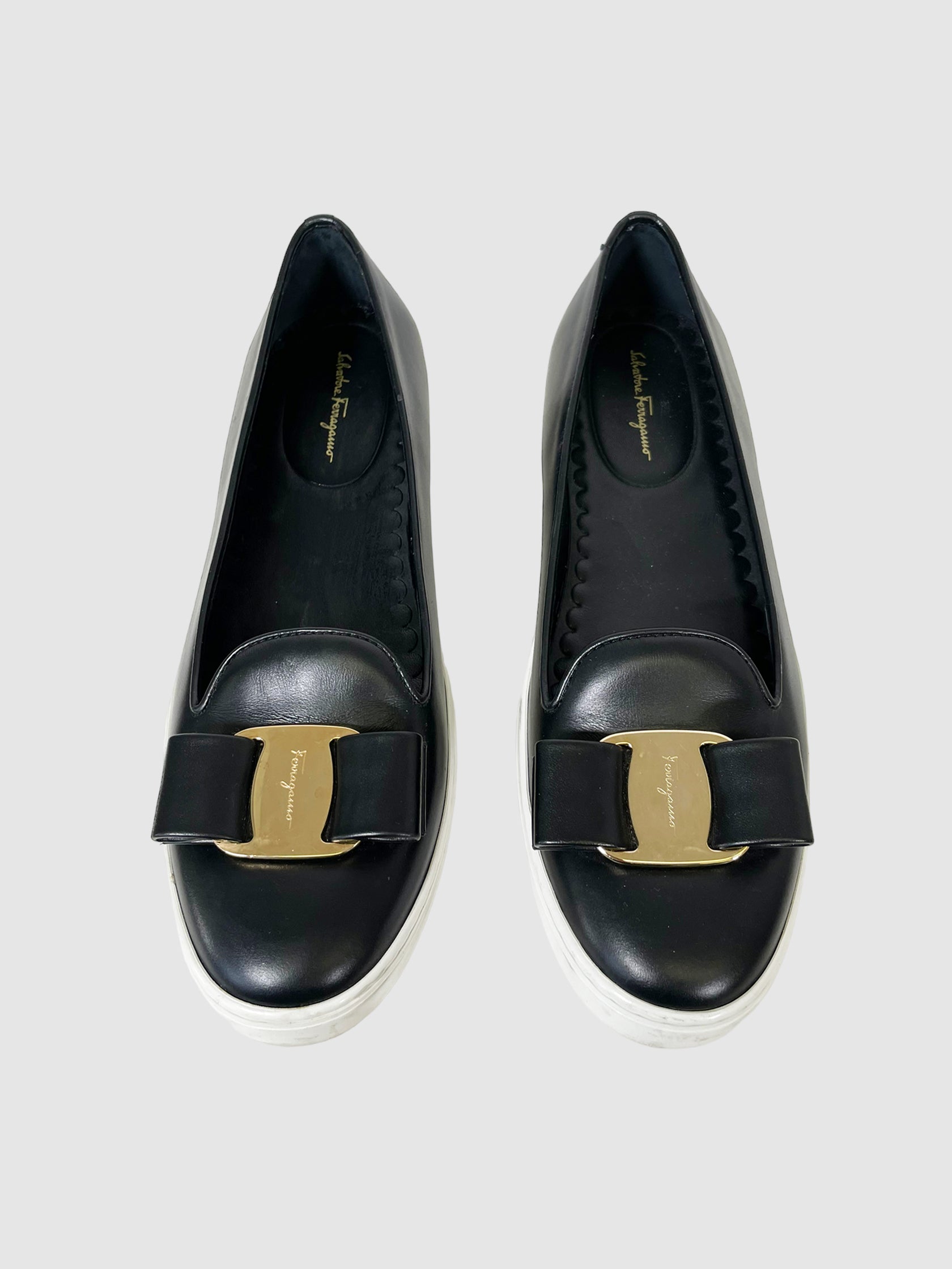 Salvatore Ferragamo Leather Bow Accents Flats - Size 7