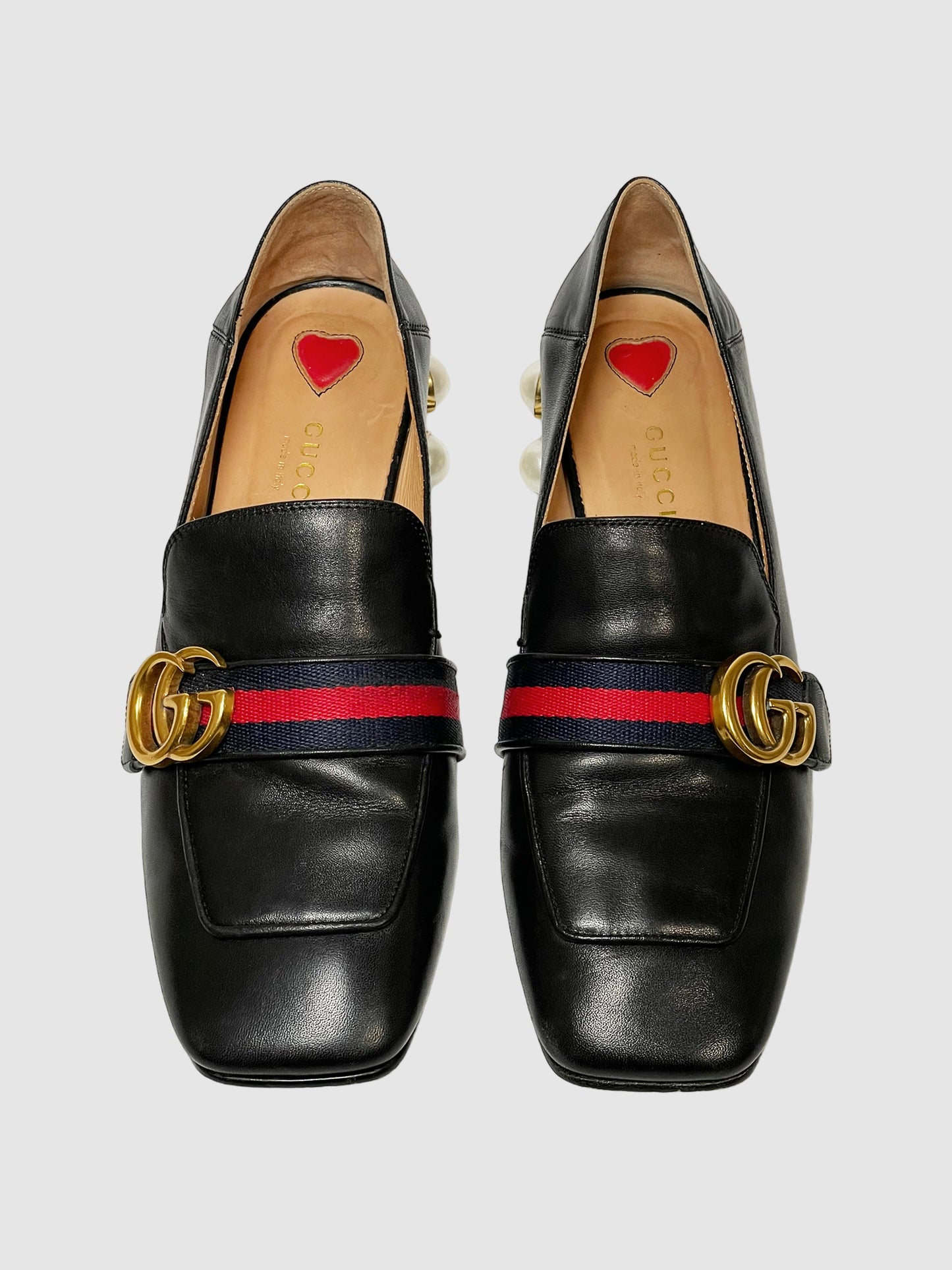 Gucci Faux Pearl Accents Leather Loafers - Size 39