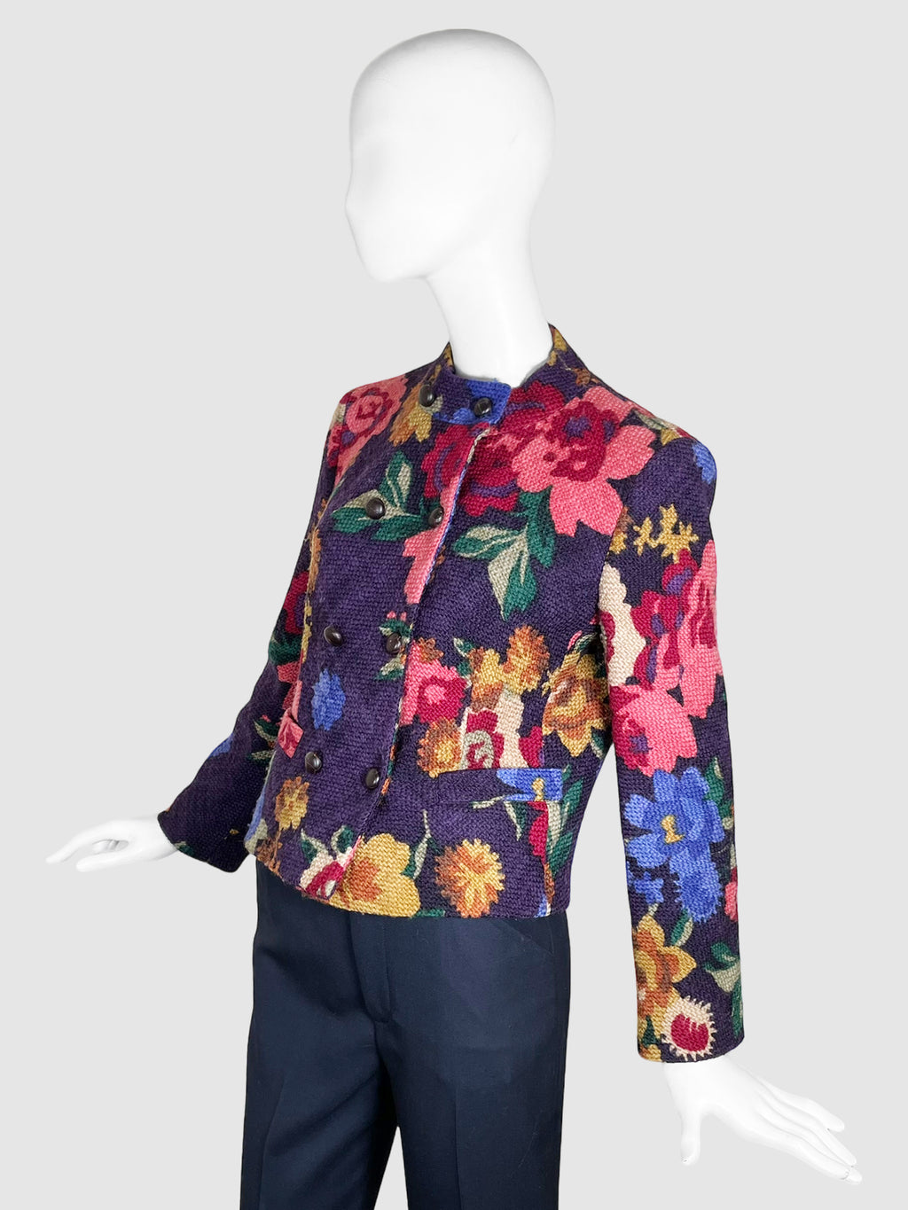 Wool Floral Print Double-Breasted Blazer - Size L