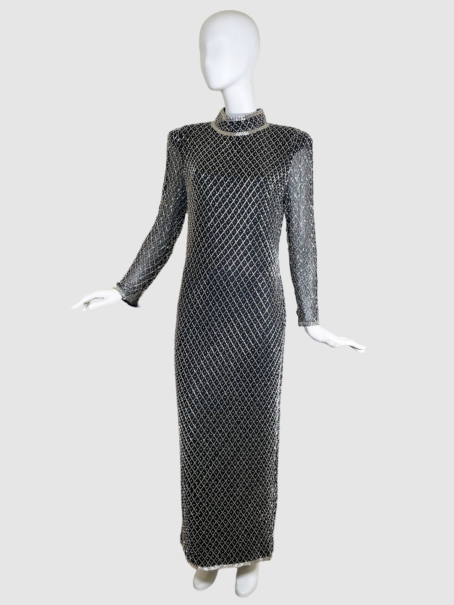Joan Leslie Beaded Maxi Long-Sleeve Dress - Size 8