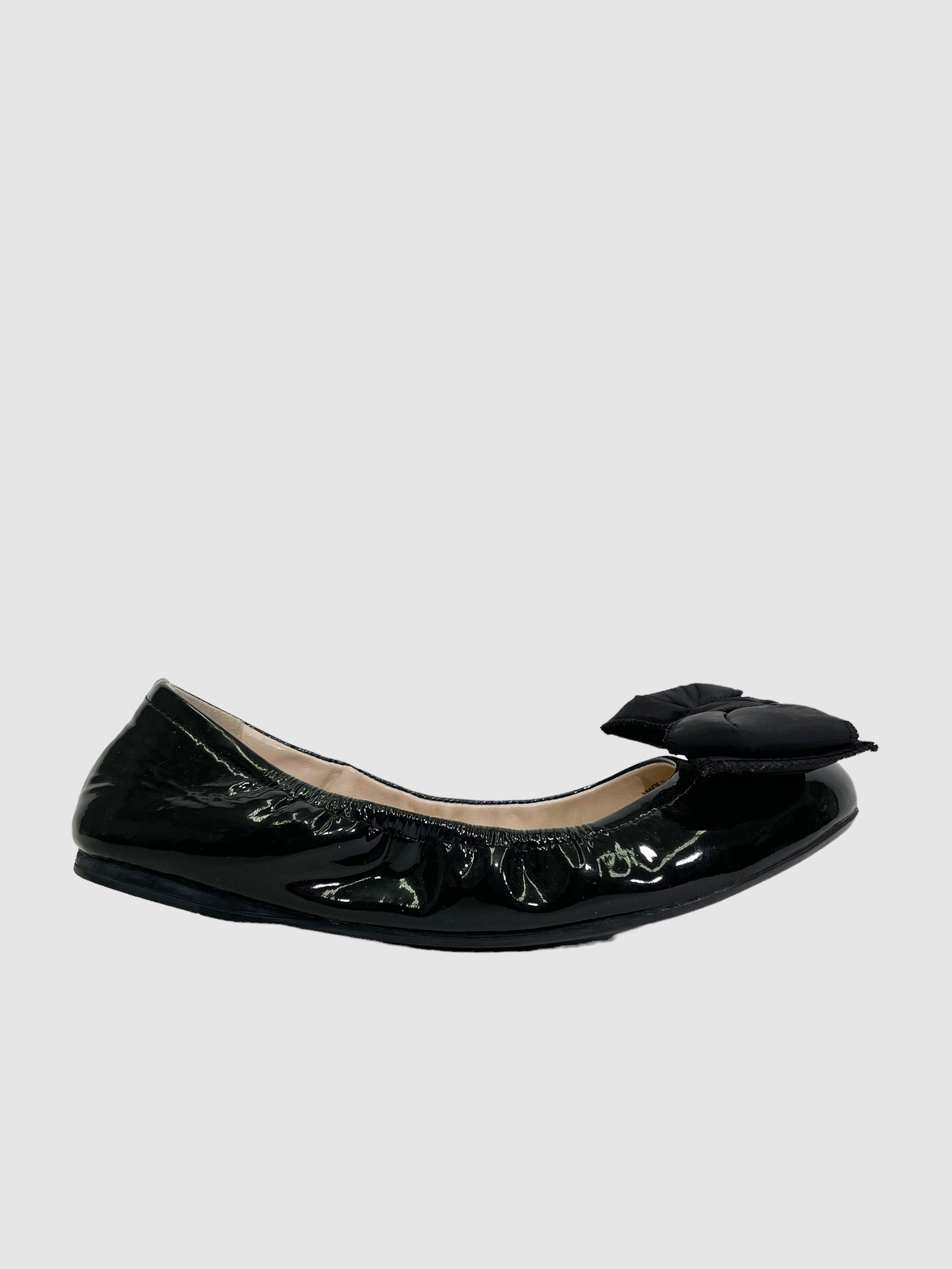 Prada Black Patent Leather w/ Bow Flats - Size 38.5