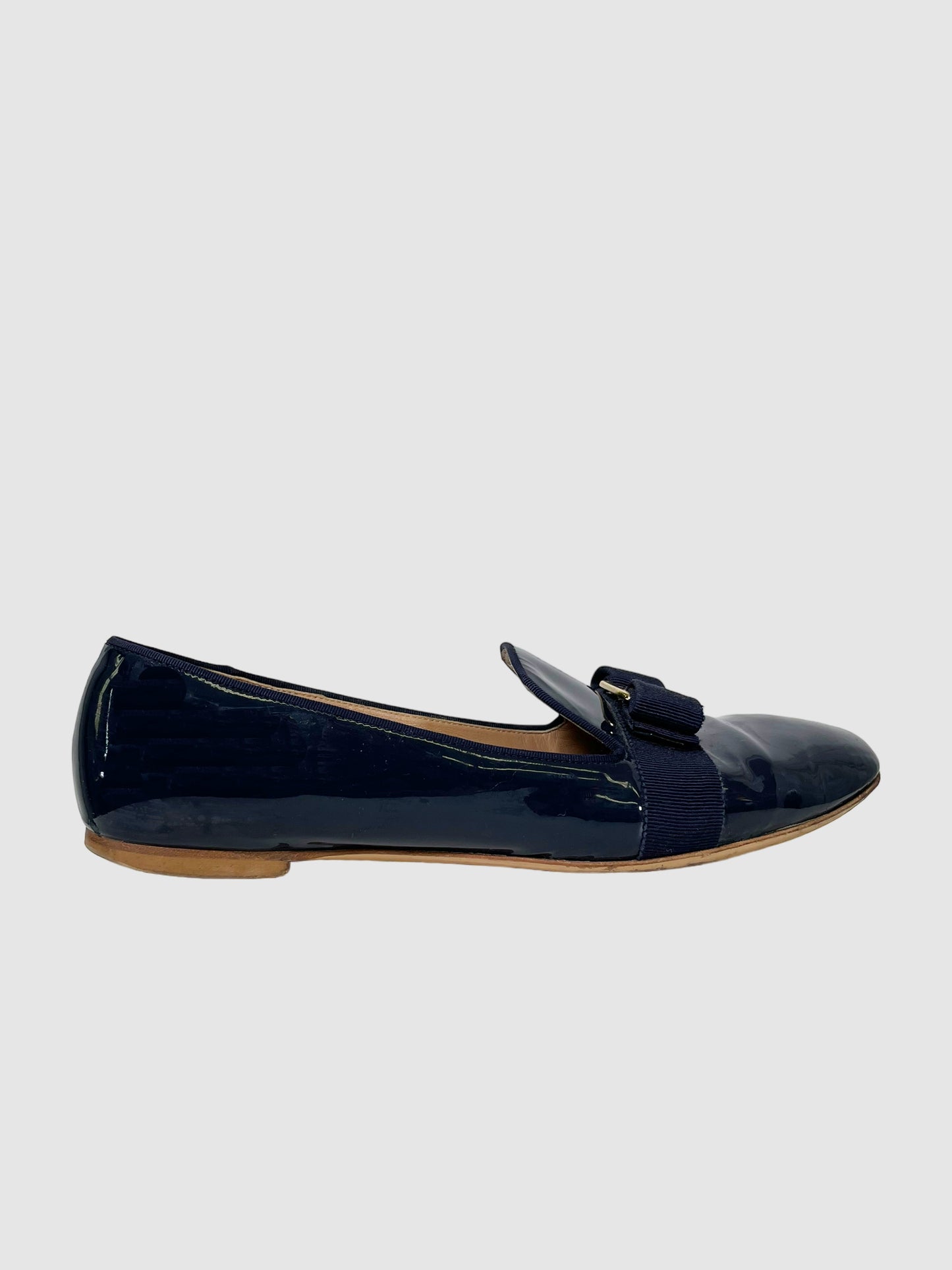 Salvatore Ferragamo Patent Leather Bow Accents Loafers - Size 9.5