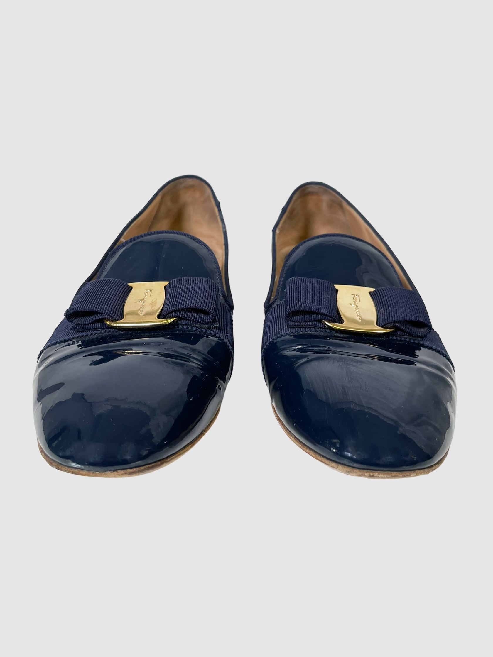 Salvatore Ferragamo Patent Leather Bow Accents Loafers - Size 9.5