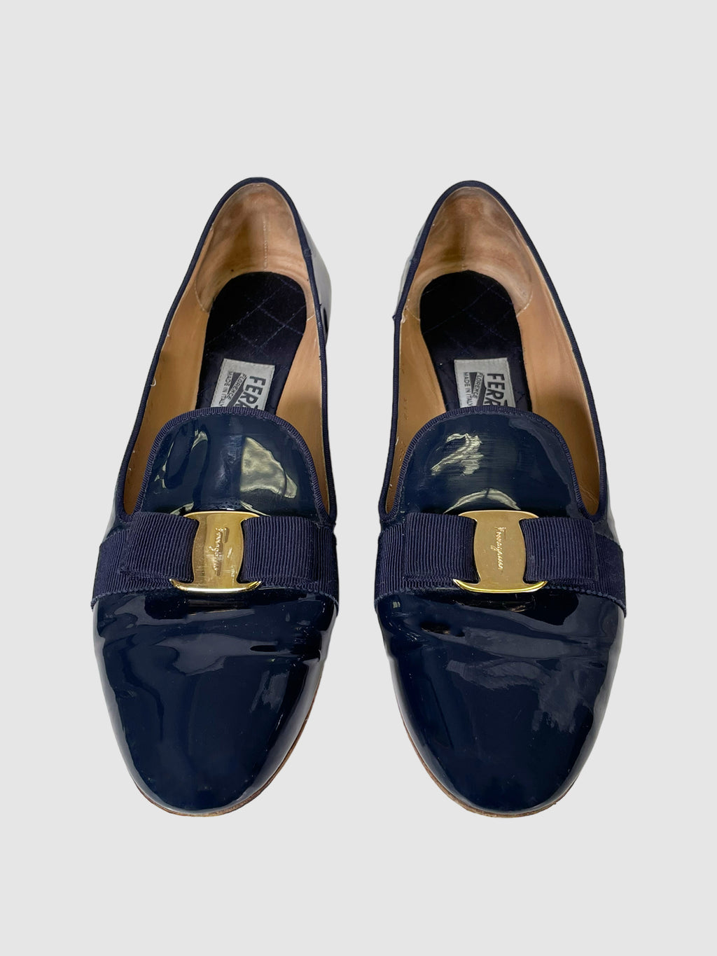Salvatore Ferragamo Patent Leather Bow Accents Loafers - Size 9.5