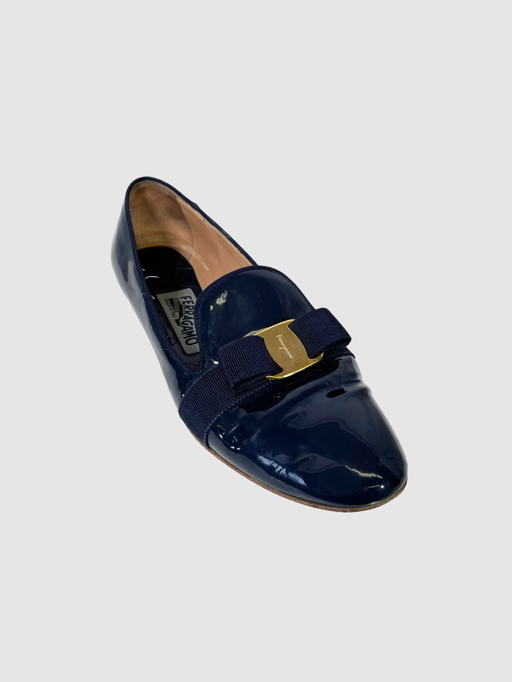 Salvatore Ferragamo Patent Leather Bow Accents Loafers - Size 9.5