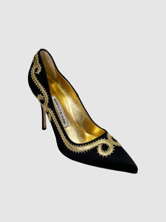 Manolo Blahnik Satin with Gold Embroidery Pumps - Size 37.5