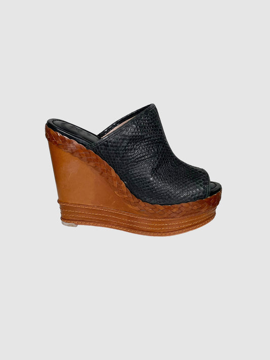 Leather Open Toe Platform Wedges - Size 38