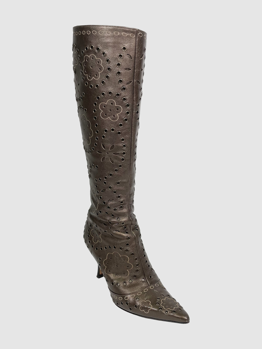 Metallic Floral Print Heeled Boots - Size 37.5
