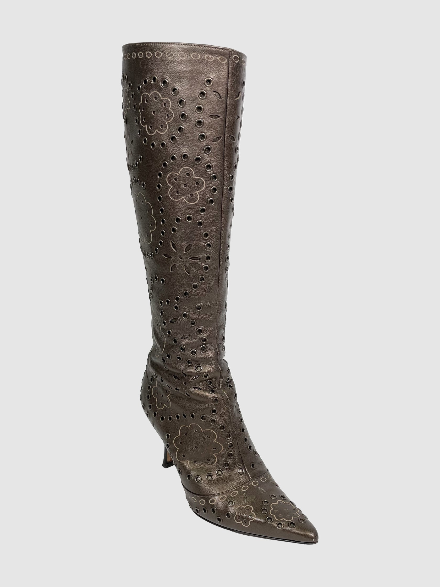 Metallic Floral Print Heeled Boots - Size 37.5