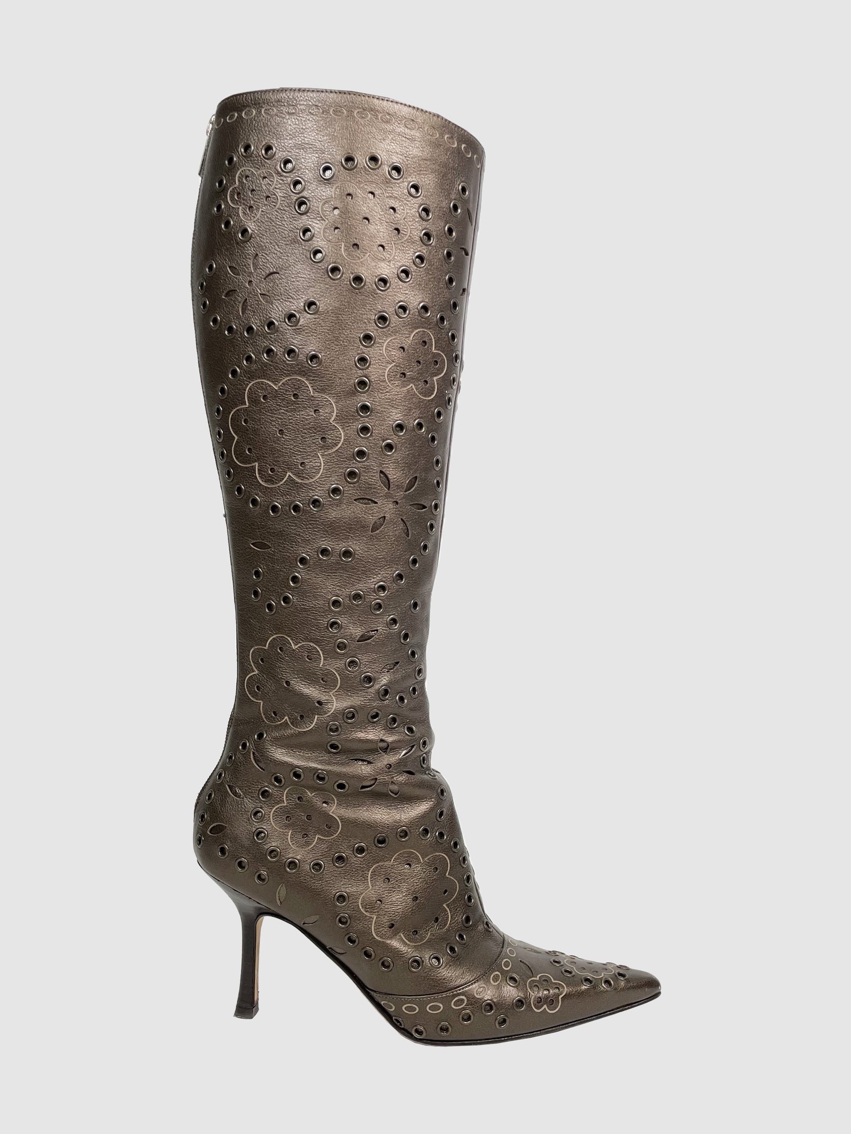 Metallic Floral Print Heeled Boots - Size 37.5