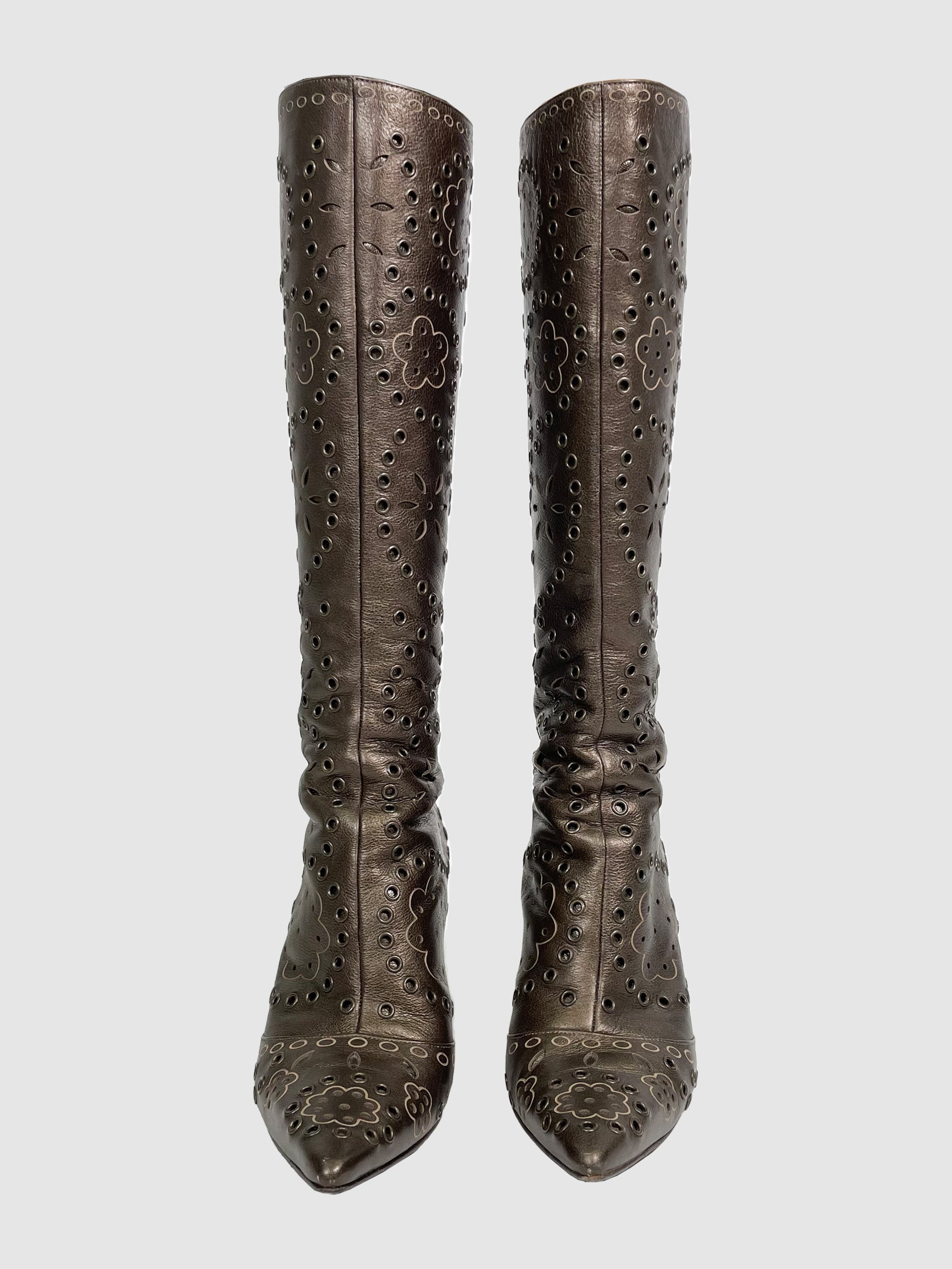 Metallic Floral Print Heeled Boots - Size 37.5