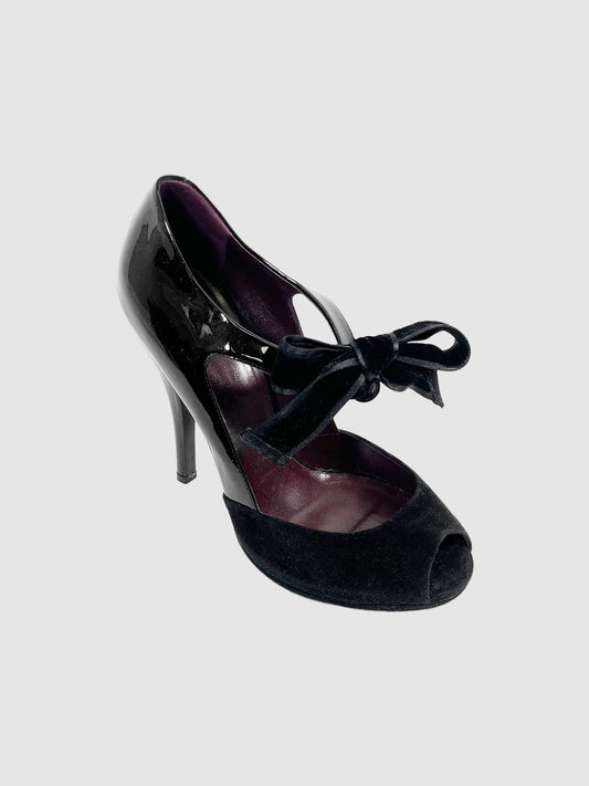 Gucci Patent Leather & Suede Peep Toe Pumps - Size 38.5
