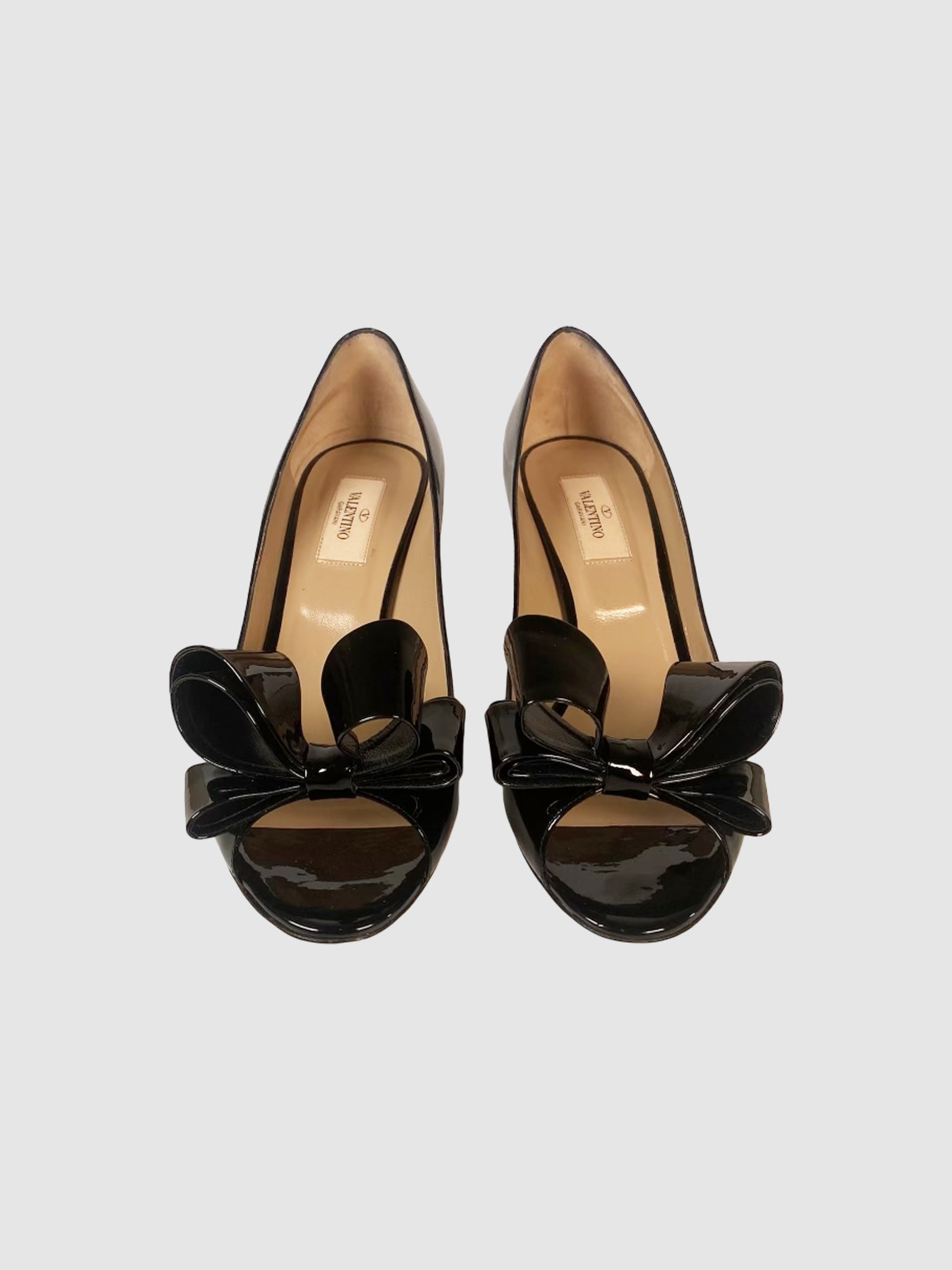 Valentino Patent Leather Bow Open Toe Pumps - Size 39