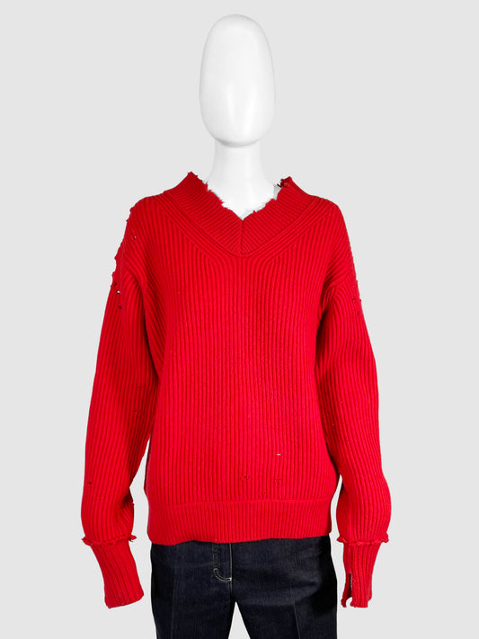 Helmut Lang Red Distressed V-neck Sweater - Size M
