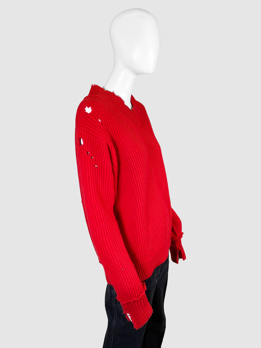 Helmut Lang Red Distressed V-neck Sweater - Size M