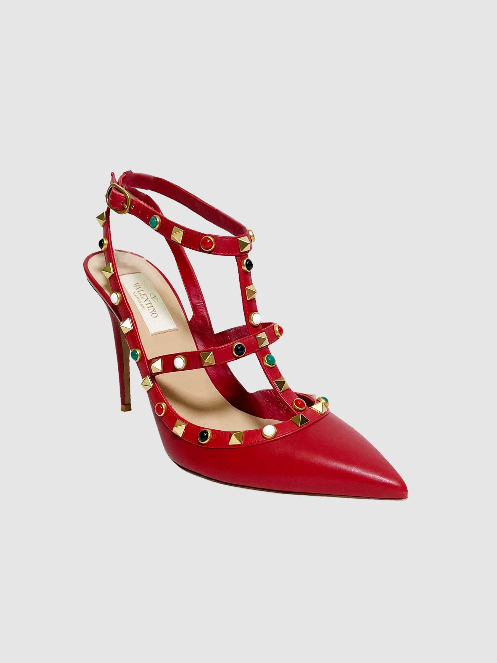 Valentino Leather Studded Accent T-Strap Pumps - Size 39.5