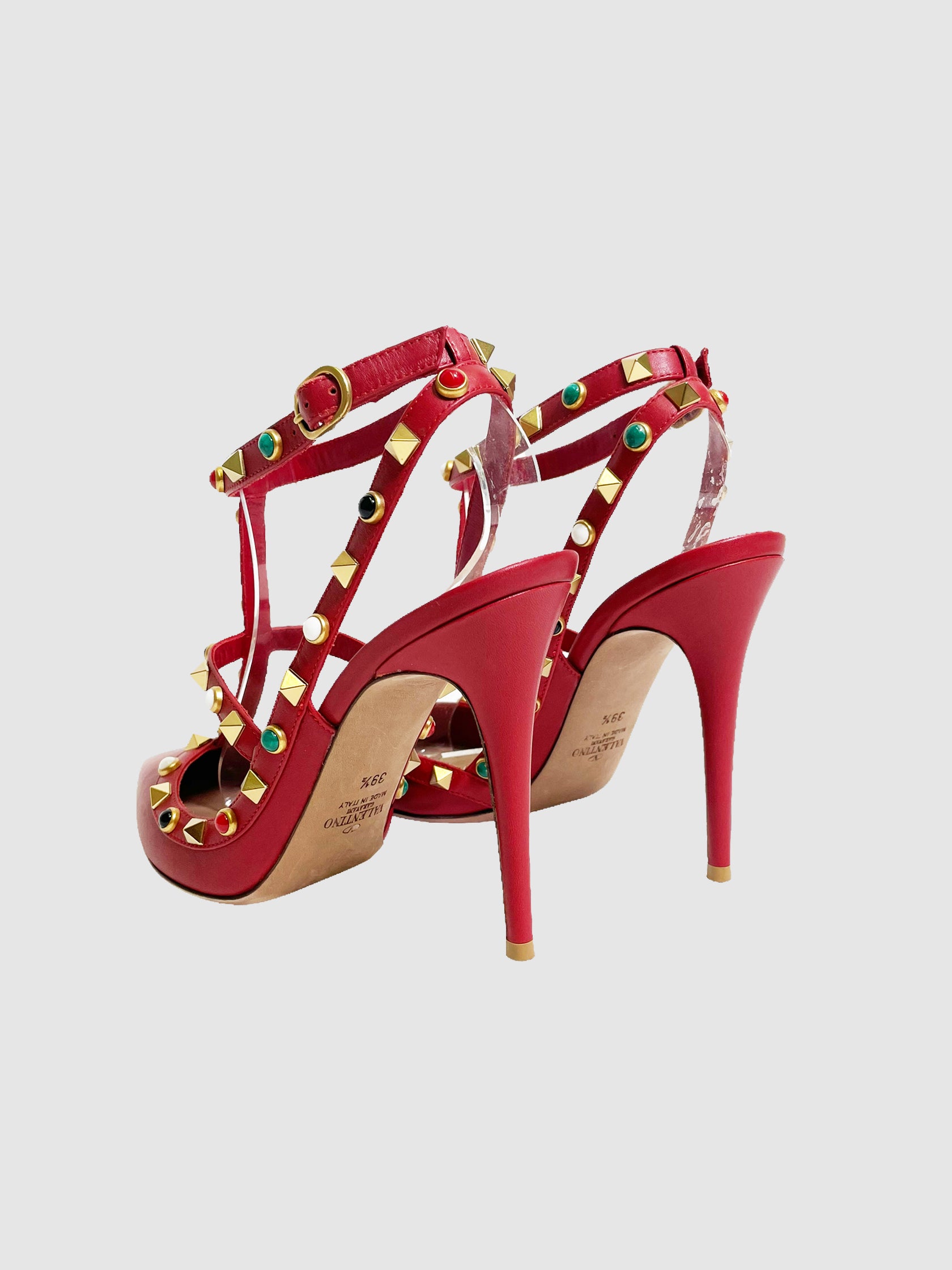 Valentino Leather Studded Accent T-Strap Pumps - Size 39.5