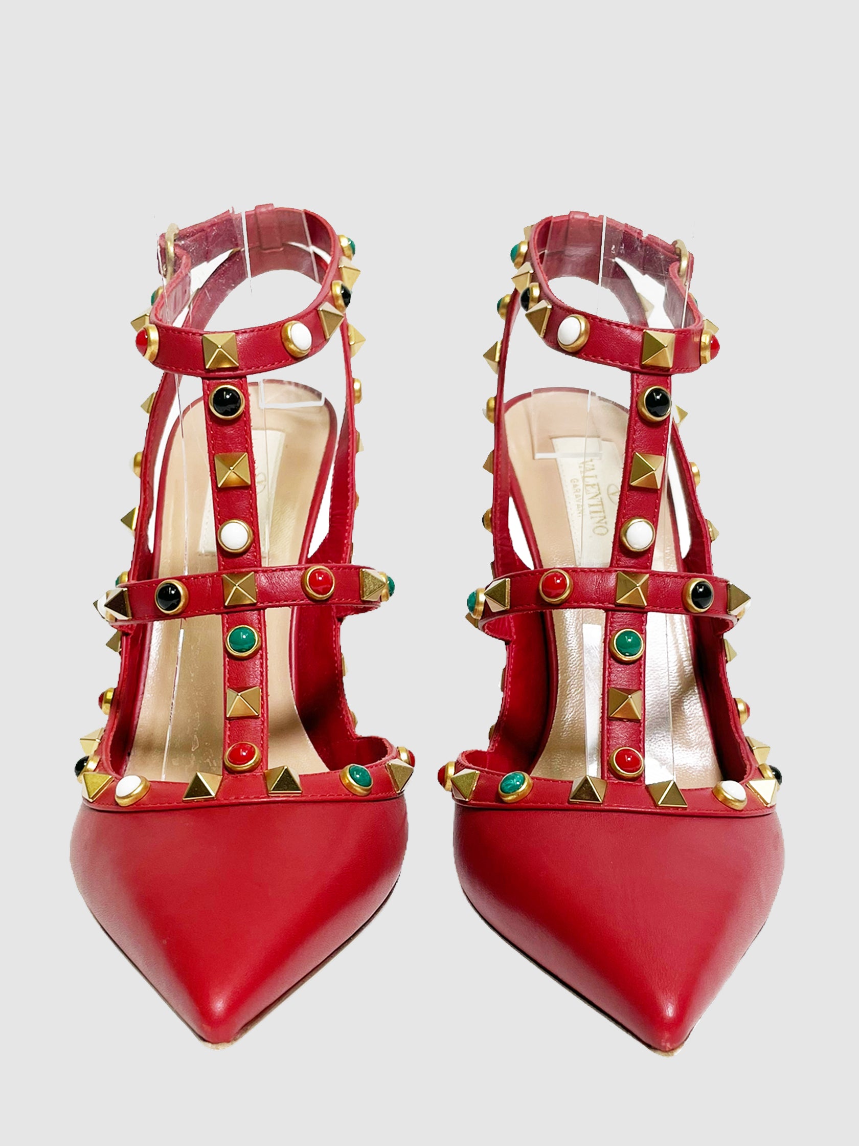 Valentino Leather Studded Accent T-Strap Pumps - Size 39.5