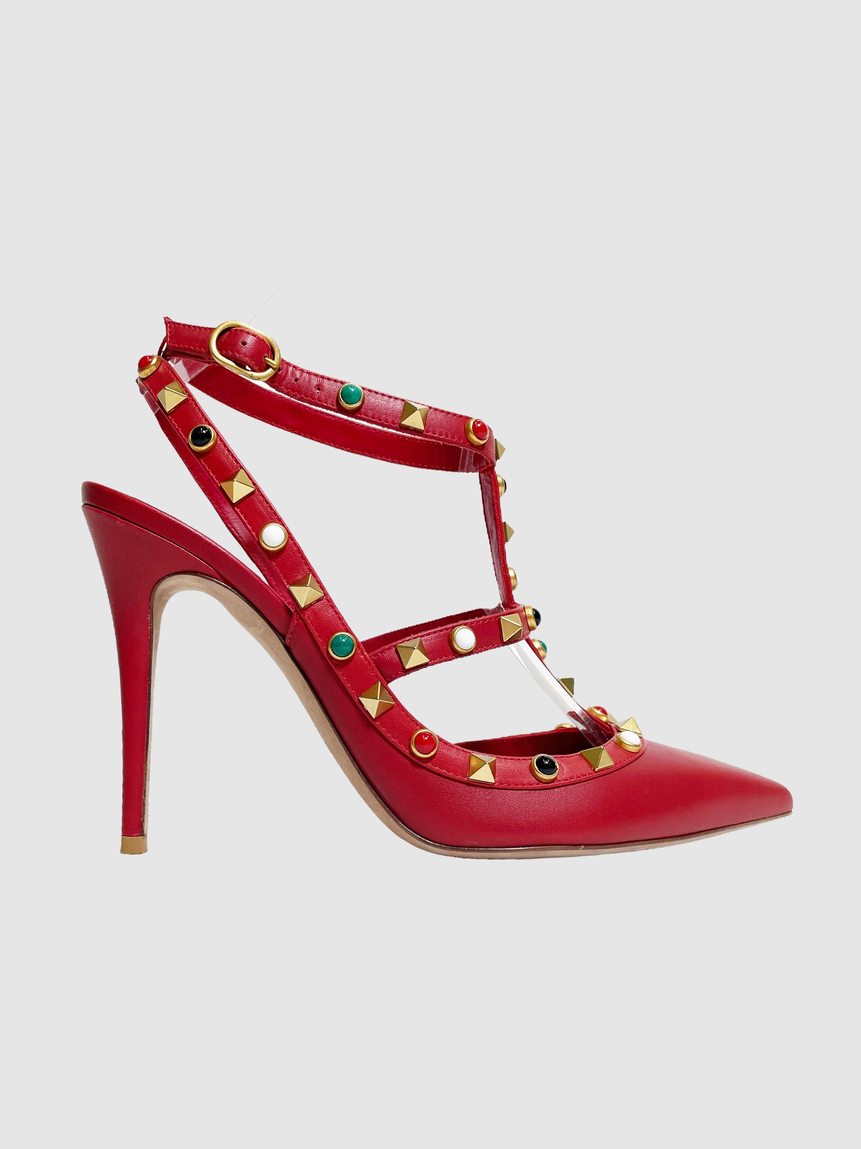 Valentino Leather Studded Accent T-Strap Pumps - Size 39.5